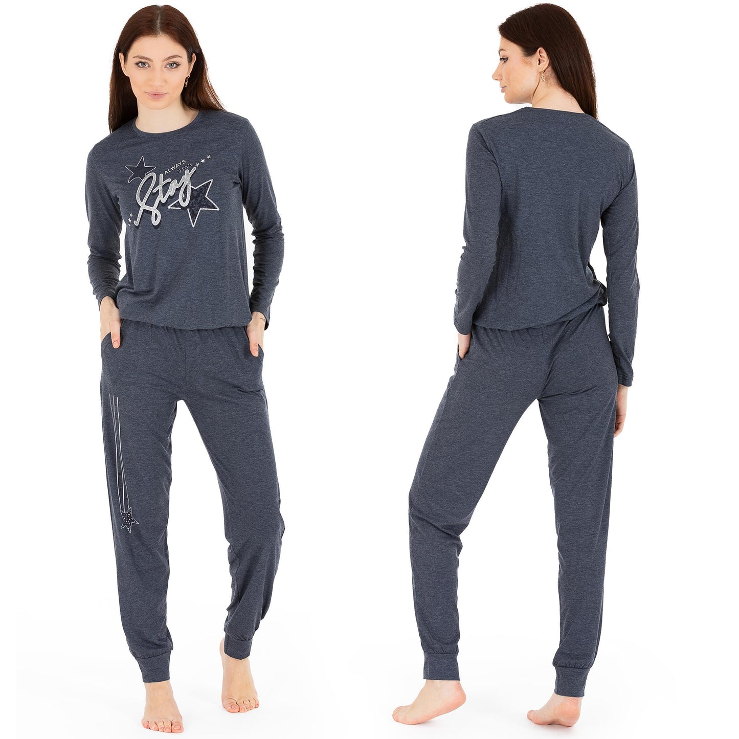 Schlafanzug Pyjama langarm- Stern - Grau