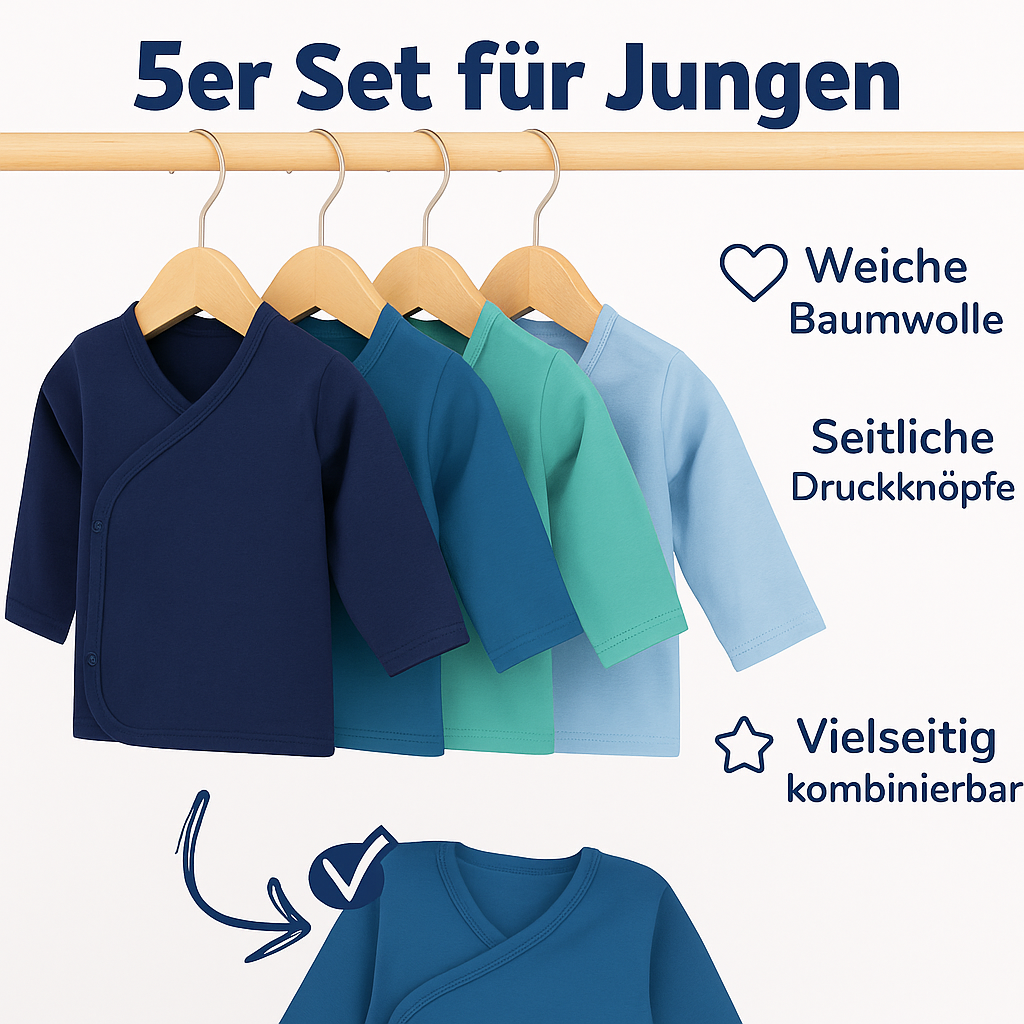 5er Set Jungen Baby Wickelshirts langarm 100% Baumwolle