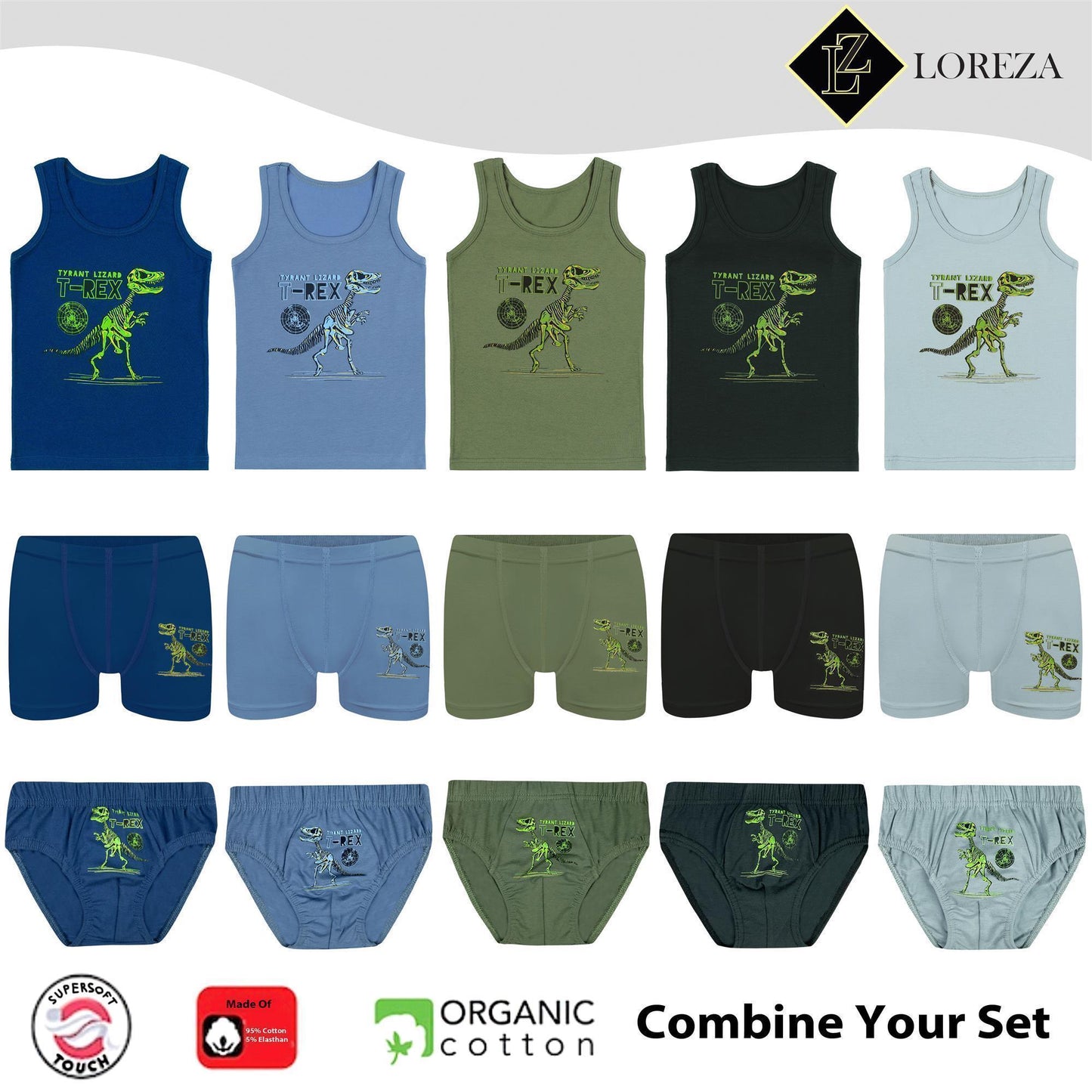 5er Set Jungen Unterhemden - T-Rex - Bunt