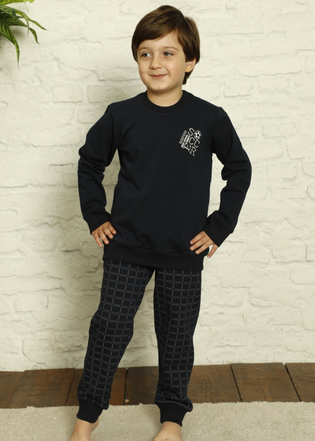 Jungen Thermo Schlafanzug Hausanzug langarm Baumwolle warm kariert