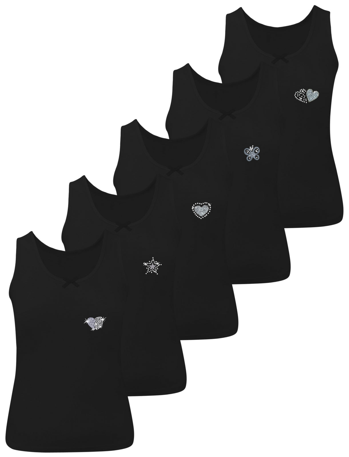 5er Set Mädchen Unterhemden - Strass - Schwarz