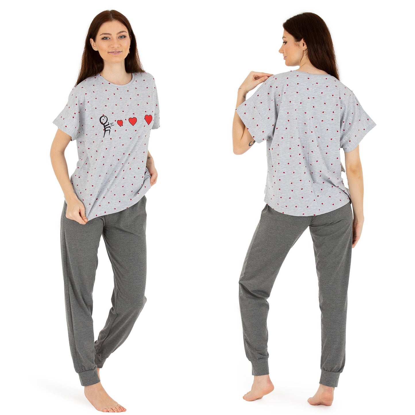 Schlafanzug Pyjama kurzarm- Herz - Grau
