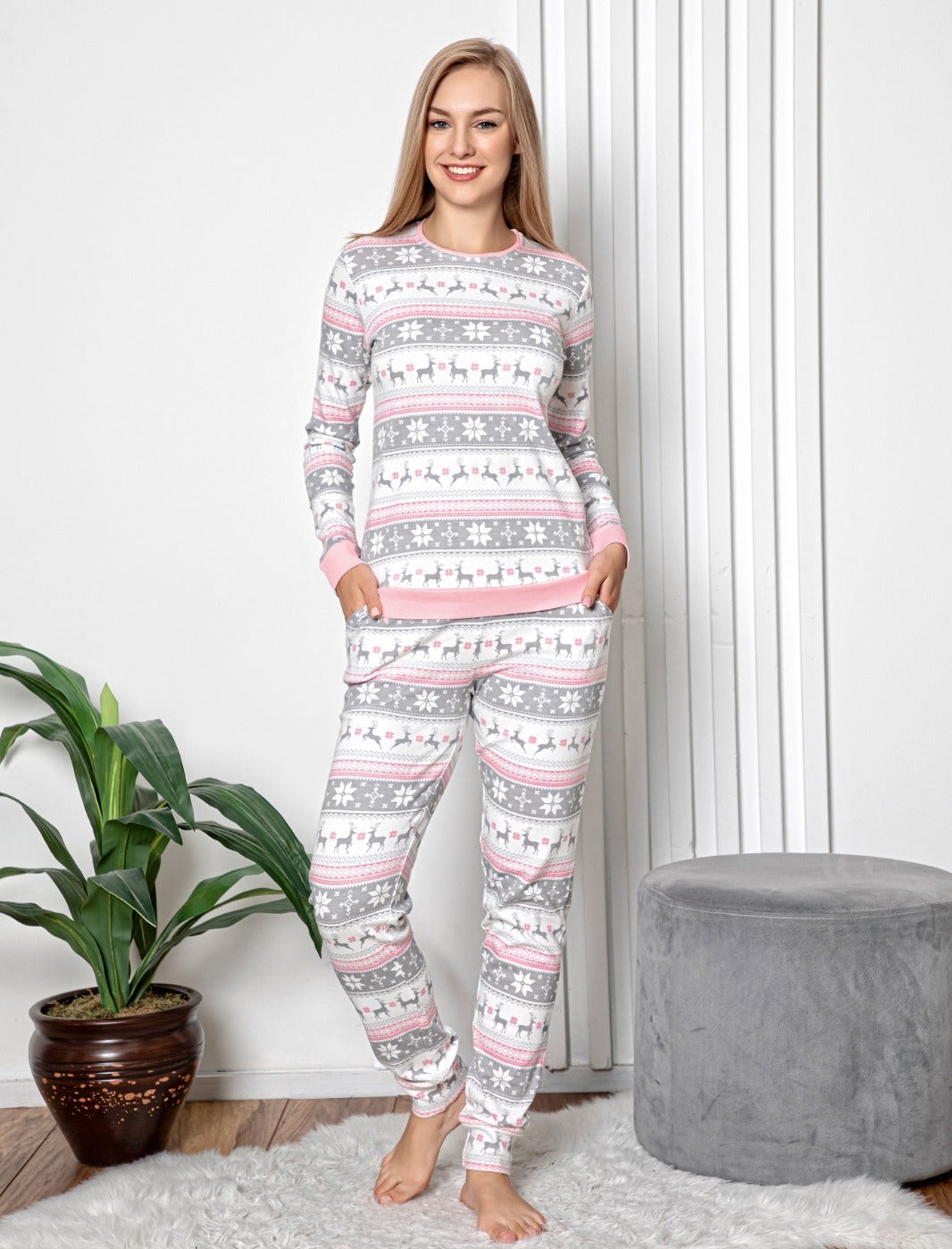 Damen Schlafanzug Hausanzug Pyjama langarm 100% Baumwolle Interlock S-XL