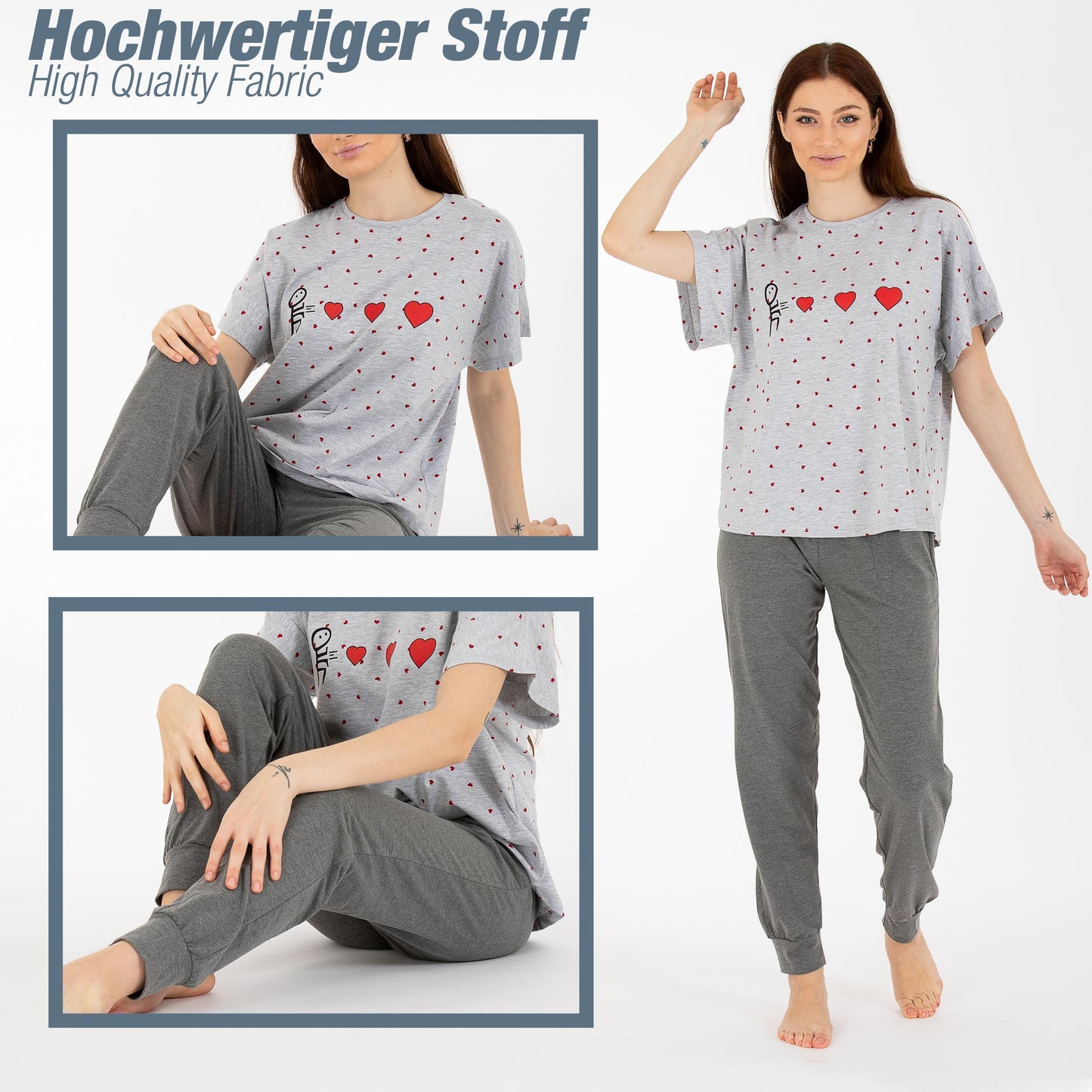 Schlafanzug Pyjama kurzarm- Herz - Grau