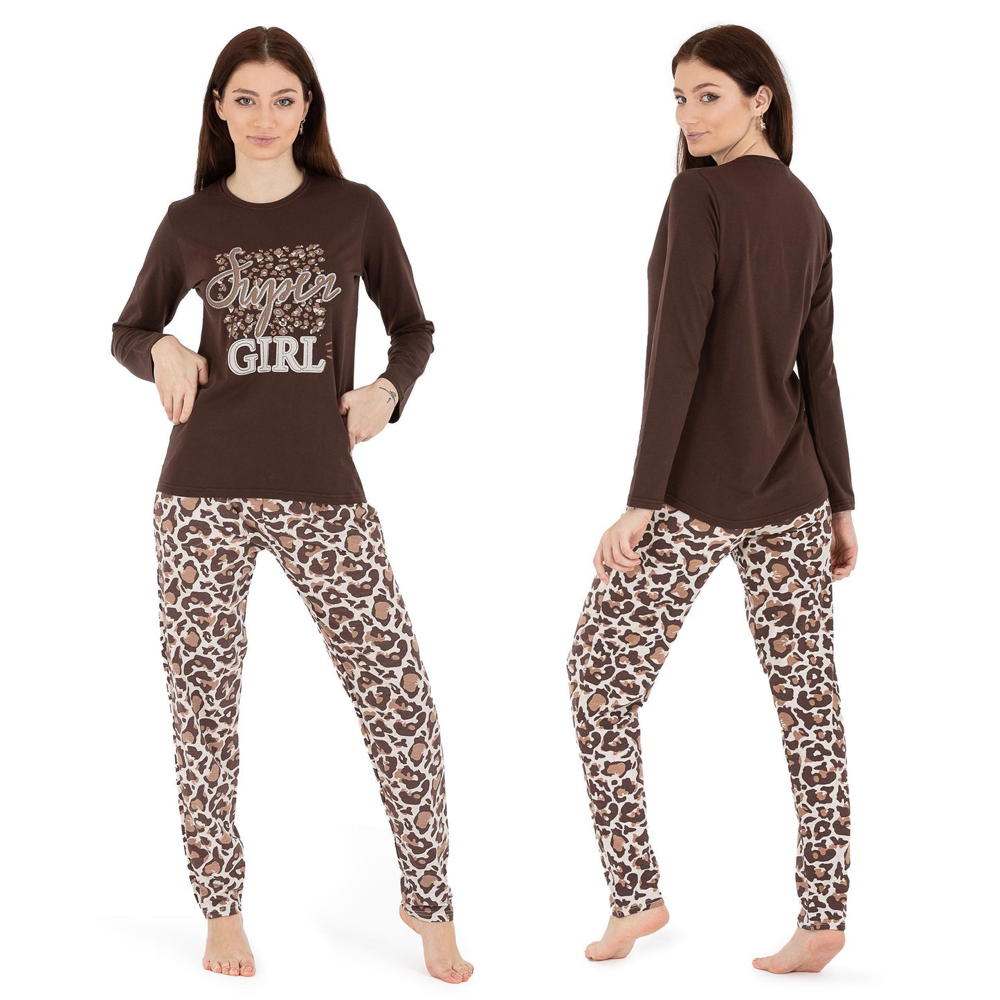 Damen Pyjama LEO zweiteiliger Schlafanzug Hausanzug Nachtwäsche langarm S-XL