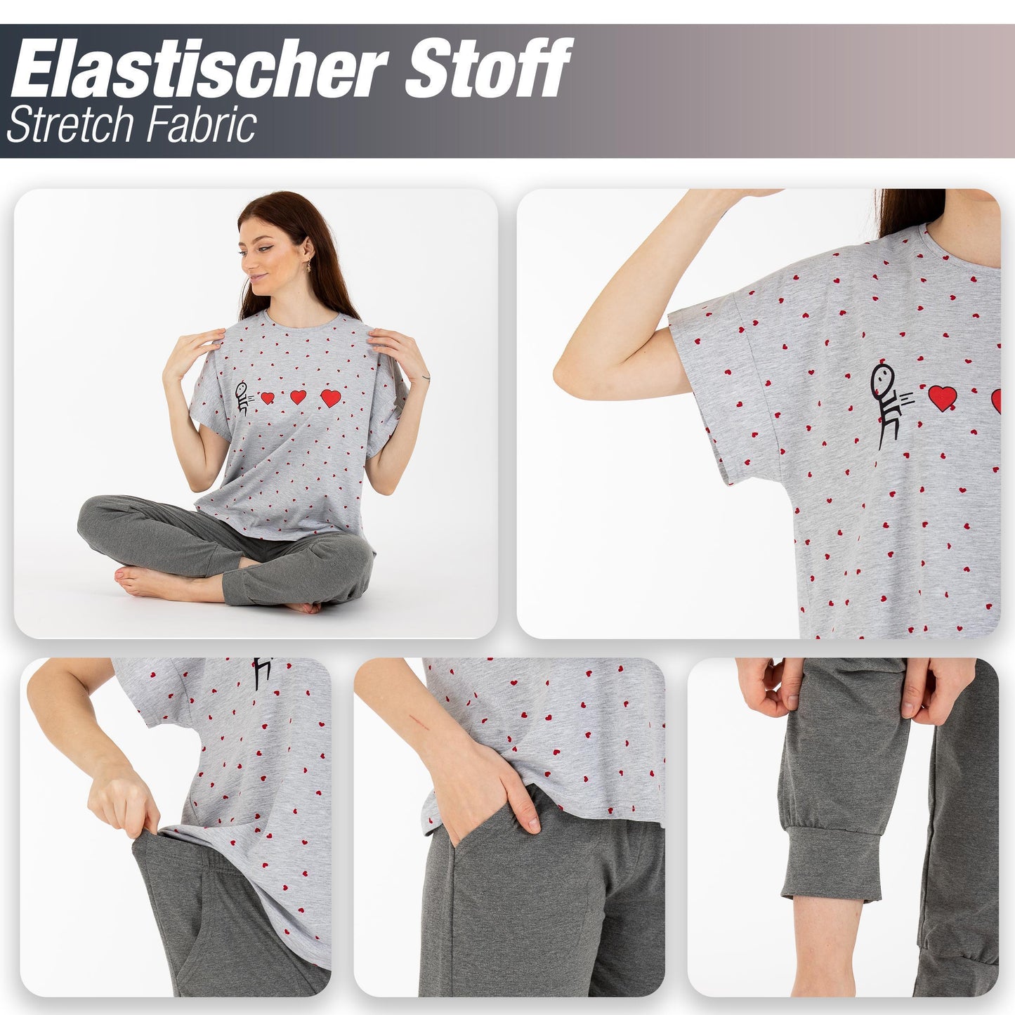 Schlafanzug Pyjama kurzarm- Herz - Grau