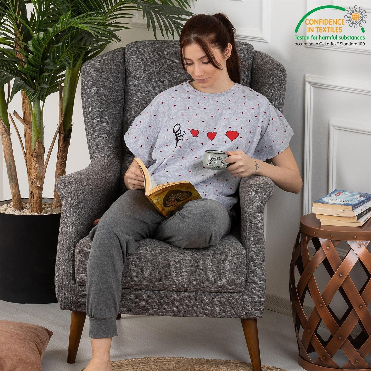 Schlafanzug Pyjama kurzarm- Herz - Grau