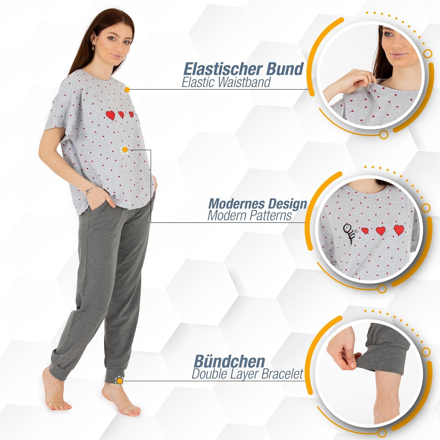 Schlafanzug Pyjama kurzarm- Herz - Grau