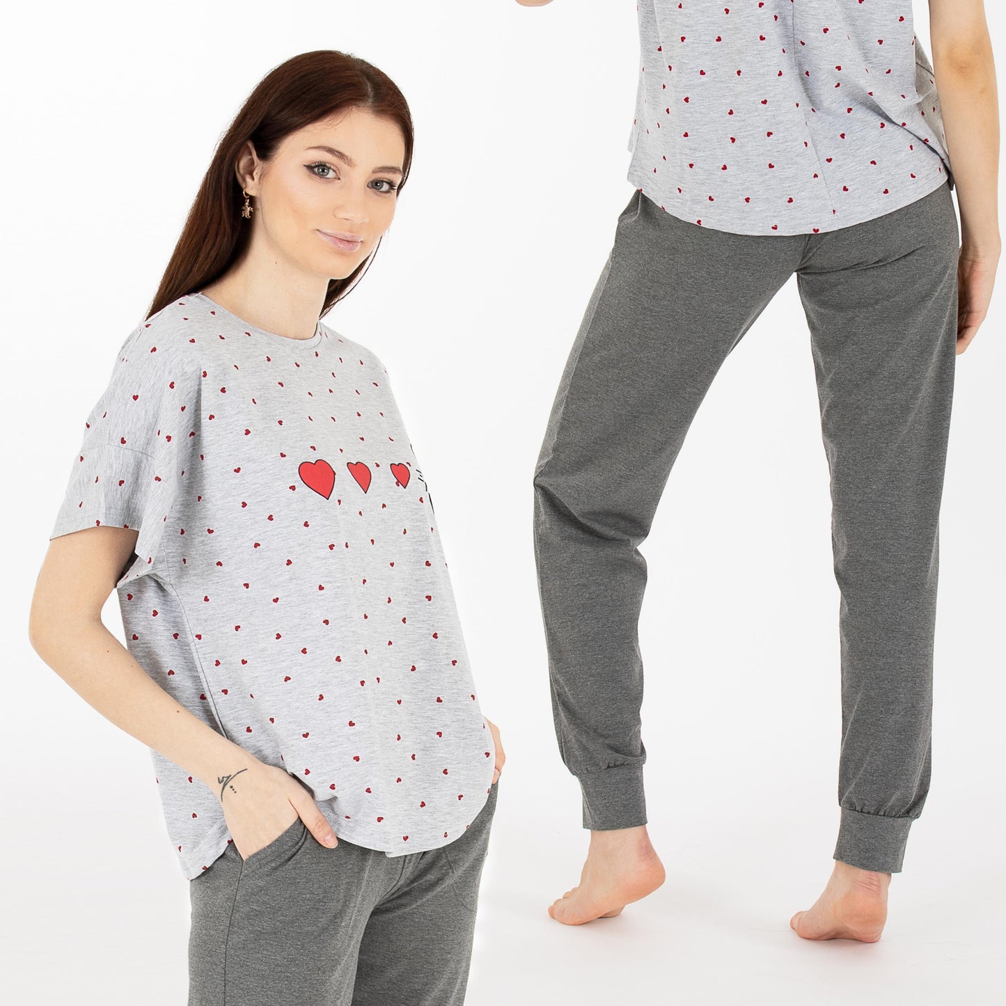 Schlafanzug Pyjama kurzarm- Herz - Grau