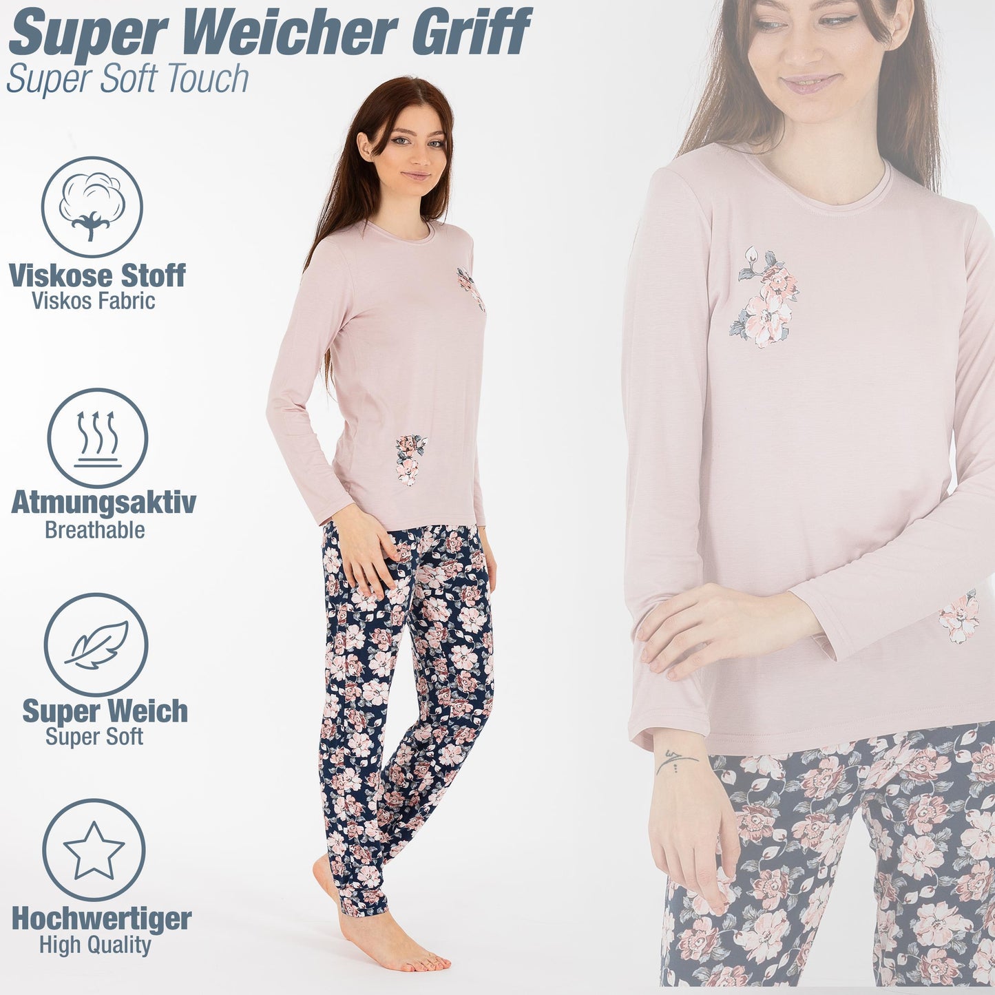 Damen Pyjama Viskose Blumen Schlafanzug Hausanzug langarm S-XL