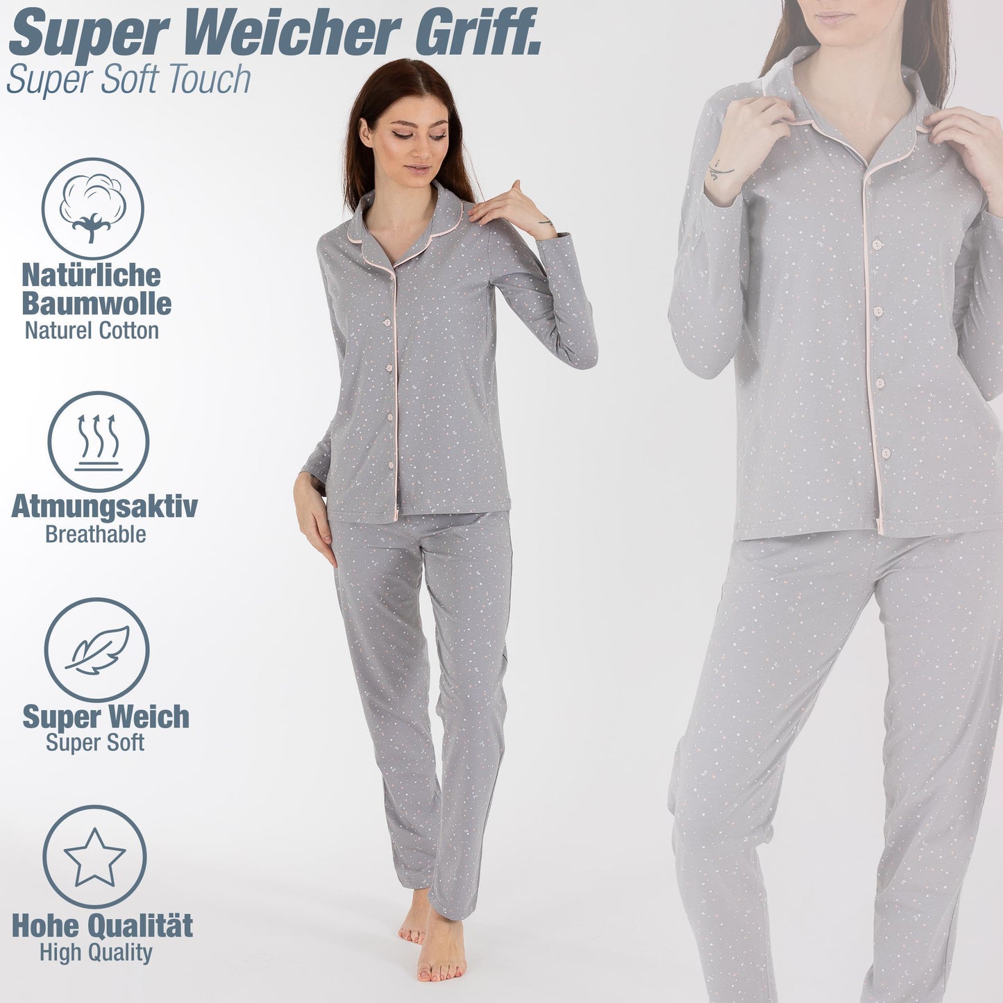Damen Pyjama Sterne Schlafanzug Hausanzug