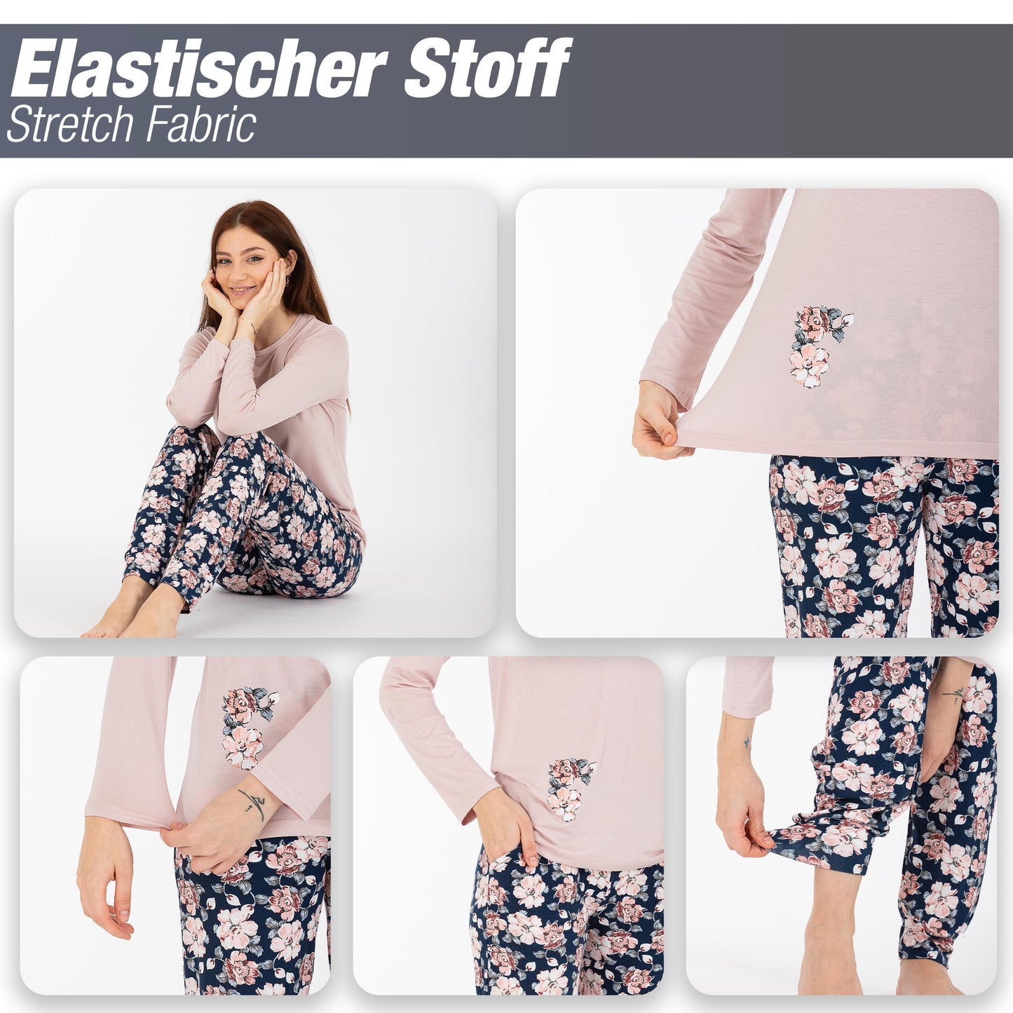 Damen Pyjama Viskose Blumen Schlafanzug Hausanzug langarm S-XL