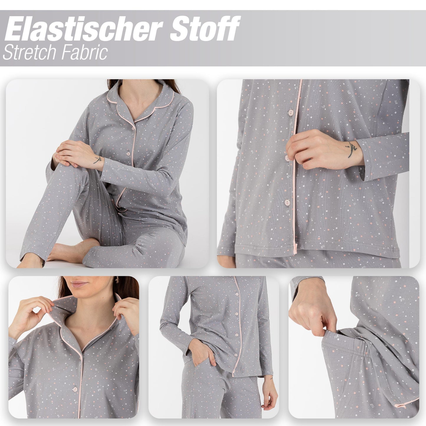 Damen Pyjama Sterne Schlafanzug Hausanzug