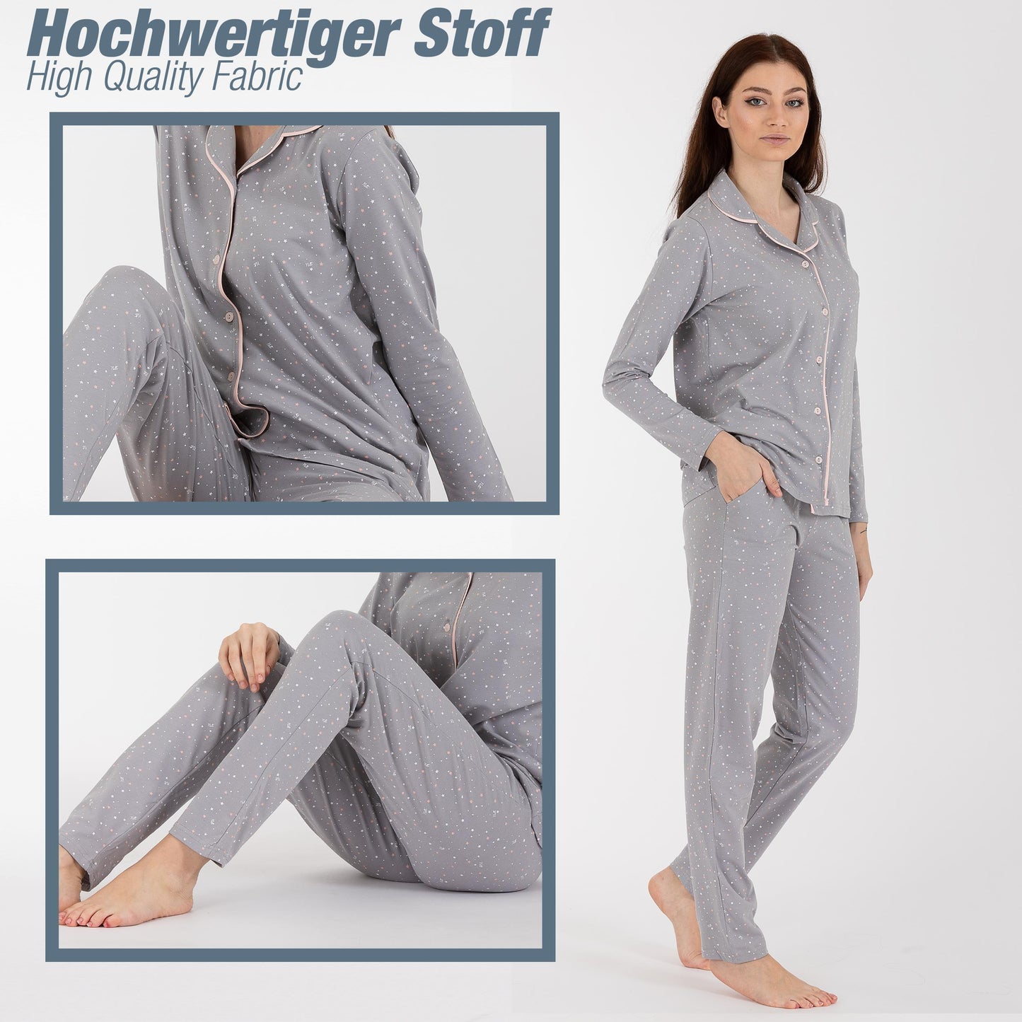 Damen Pyjama Sterne Schlafanzug Hausanzug