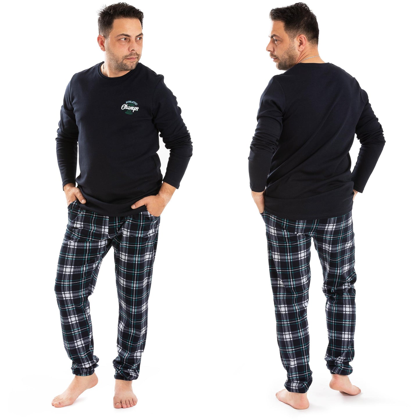Herren Schlafanzug Hausanzug langarm 100% Baumwolle Interlock kariert M-2XL