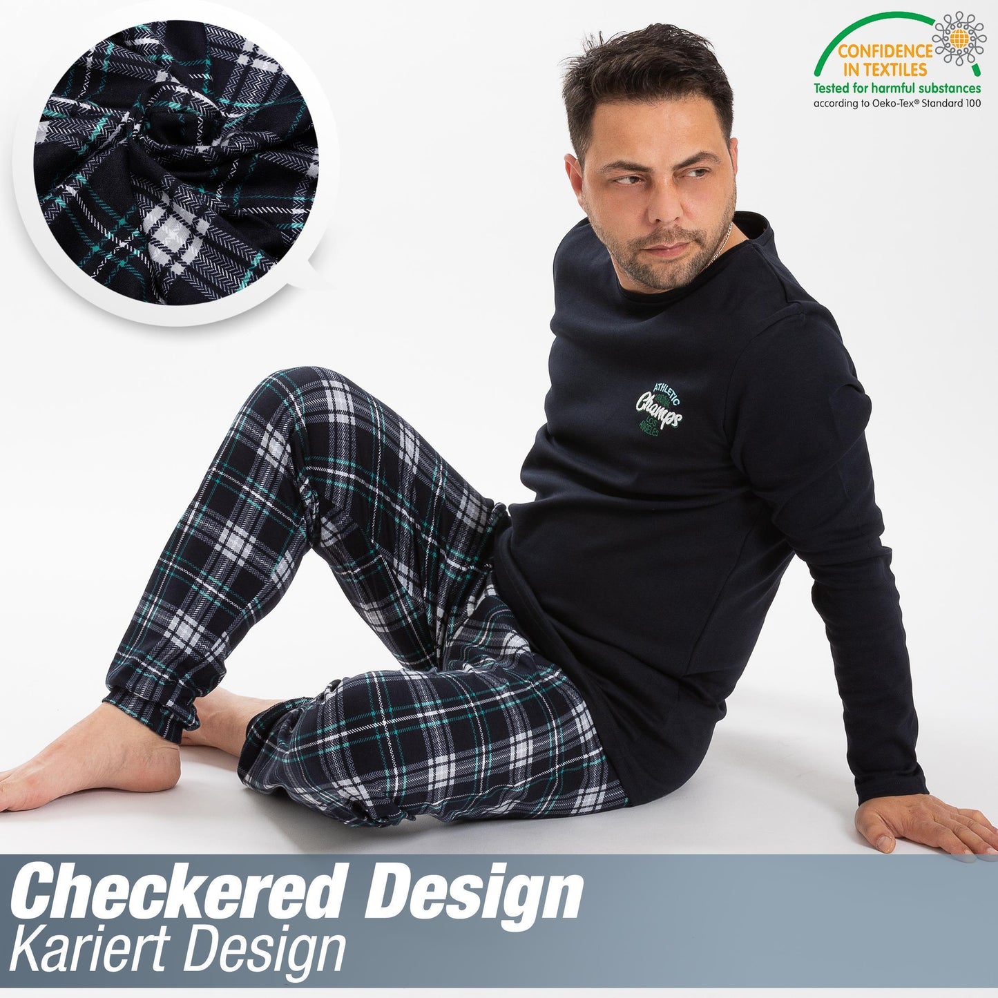 Herren Schlafanzug Hausanzug langarm 100% Baumwolle Interlock kariert M-2XL