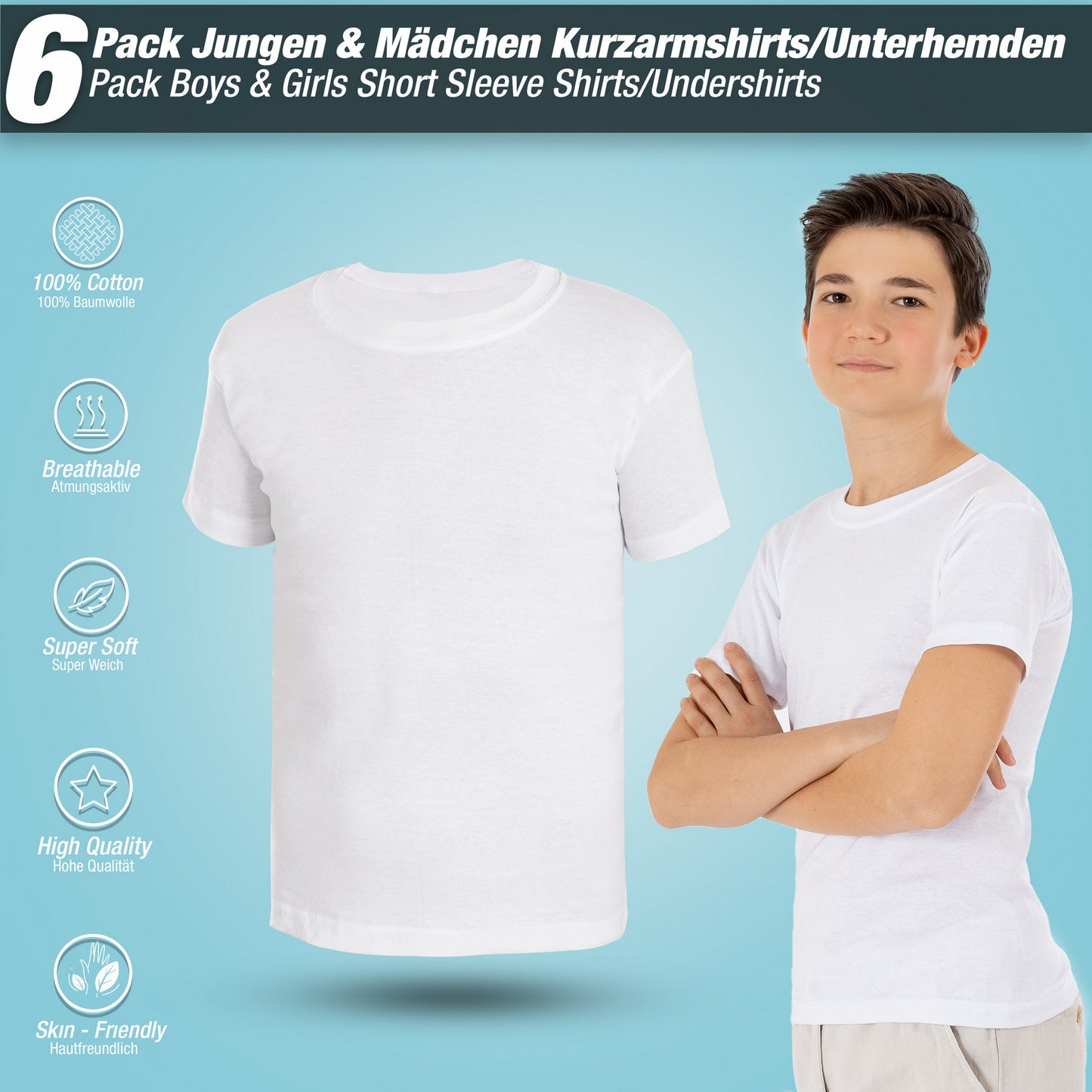 Jungen & Mädchen Unterhemden Kurzarm Shirt - T-Shirt 100% Baumwolle Unterwäsche