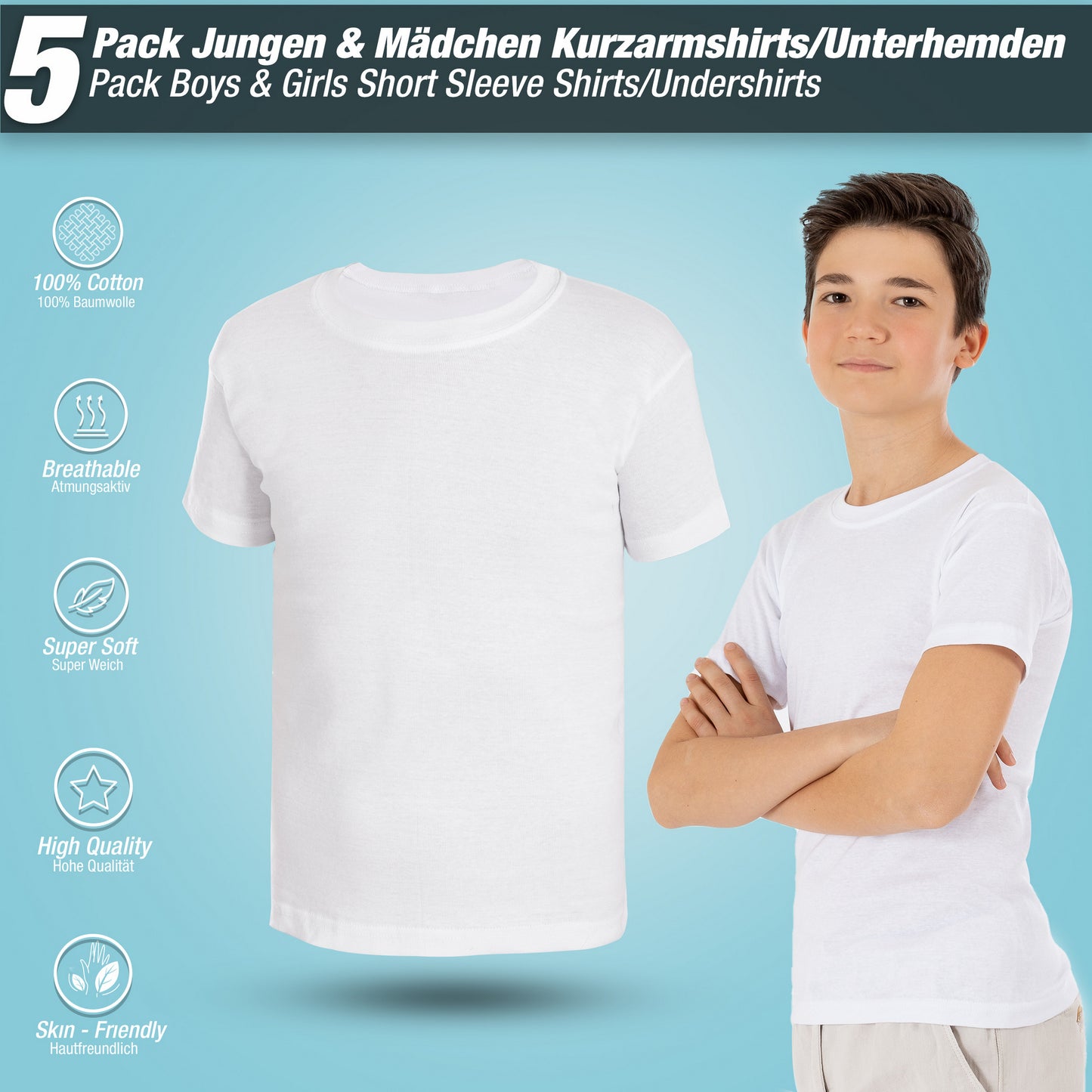 5er Set Jungen & Mädchen Kurzarm Unterhemden - Feinripp - Bunt