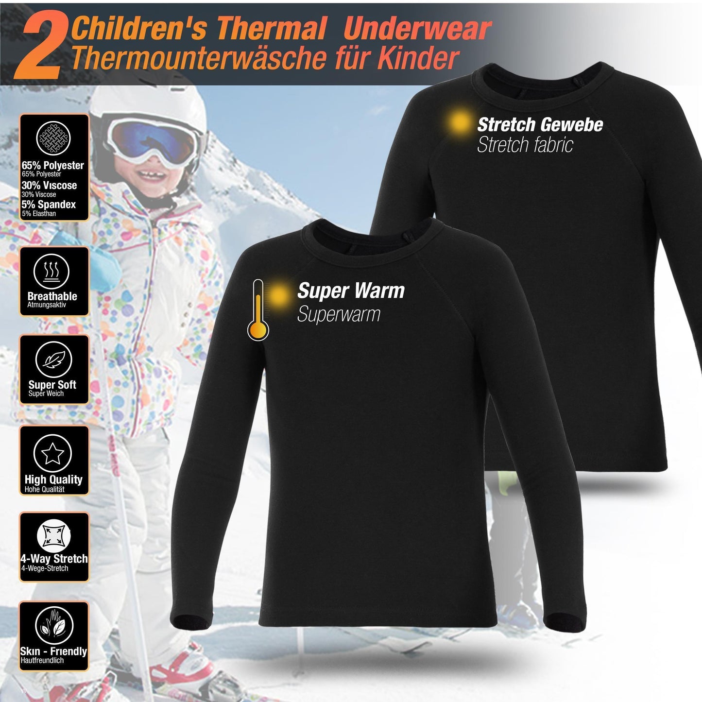 2 Kinder Jungen Mädchen Thermo Unterwäsche Langarmshirts Fleece warm