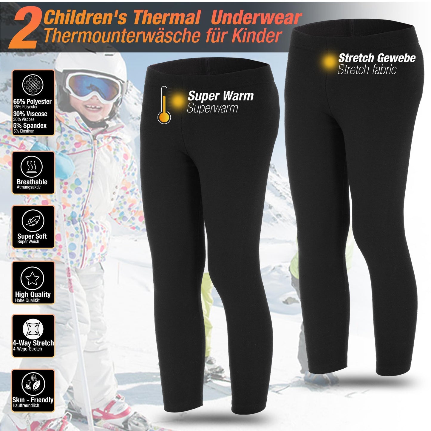 2 Kinder Jungen Mädchen THERMO Leggings Unterwäsche mit Fleece warm