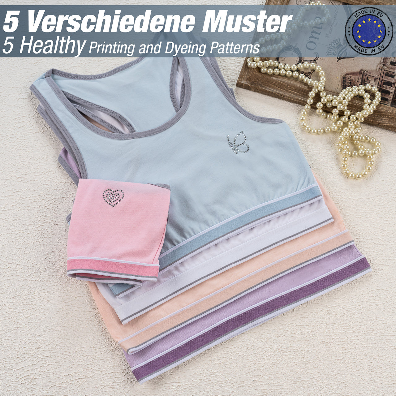 5er Set Mädchen Bustier Baumwolle - Strass- Bunt