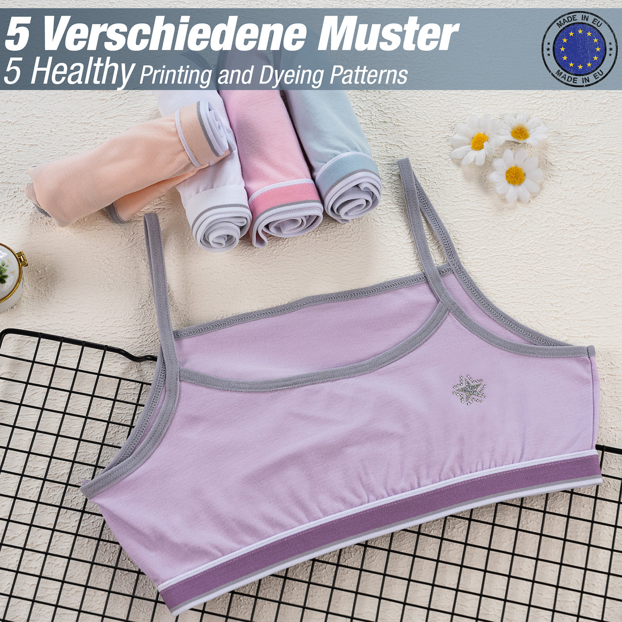 5er Set Mädchen Bustier Baumwolle - Strass- Bunt
