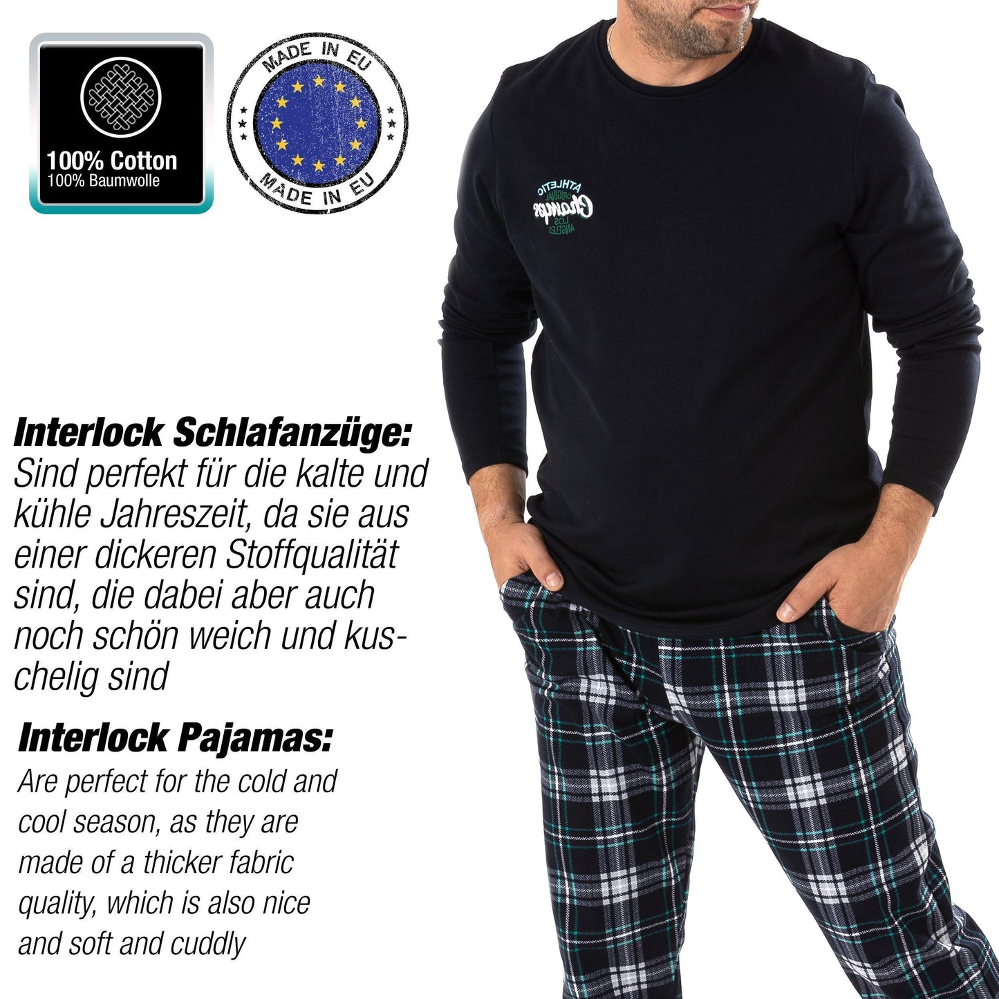 Schlafanzug langarm - Interlock Kariert - Dunkelblau