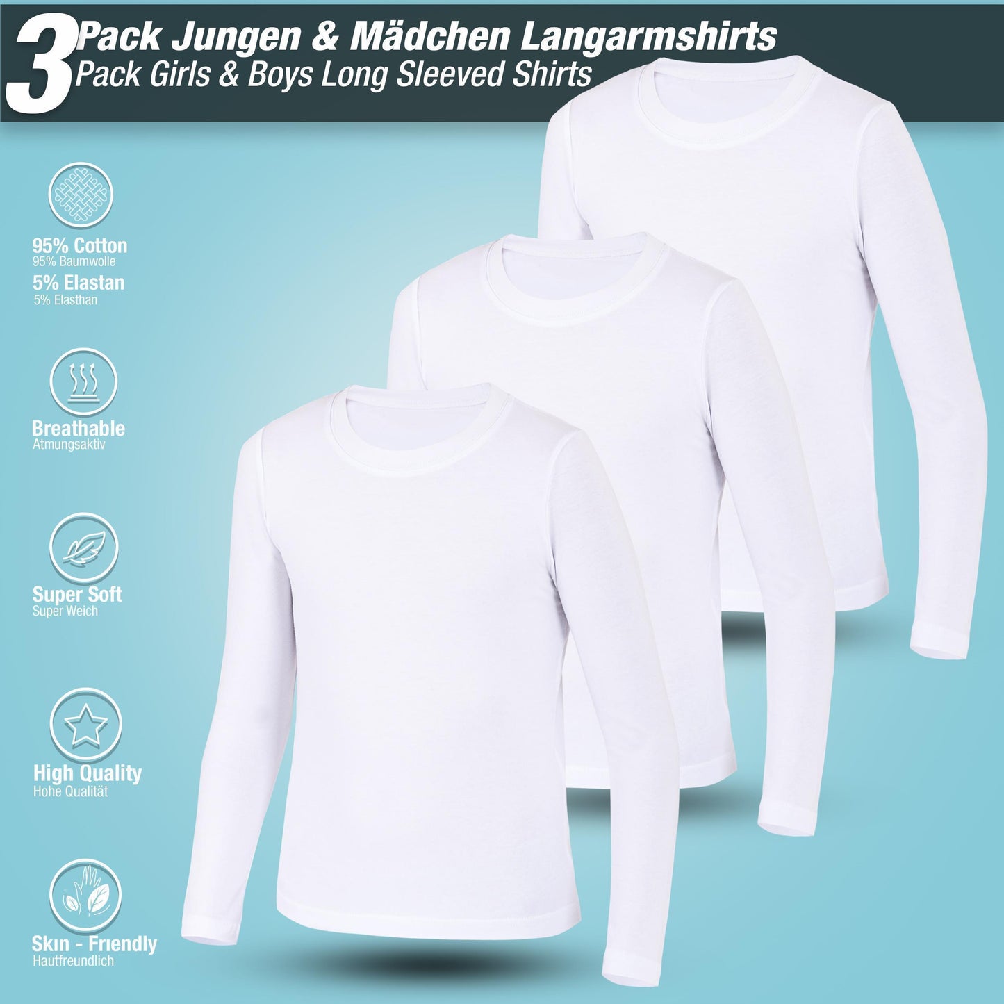 3er Pack Weiss Jungen Mädchen Langarmshirts Unterhemden Body Shirt