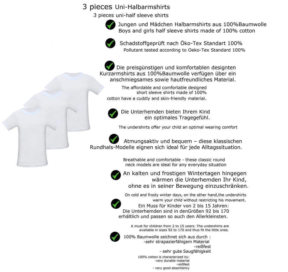 Jungen & Mädchen Unterhemden Kurzarm Shirt - T-Shirt 100% Baumwolle Unterwäsche