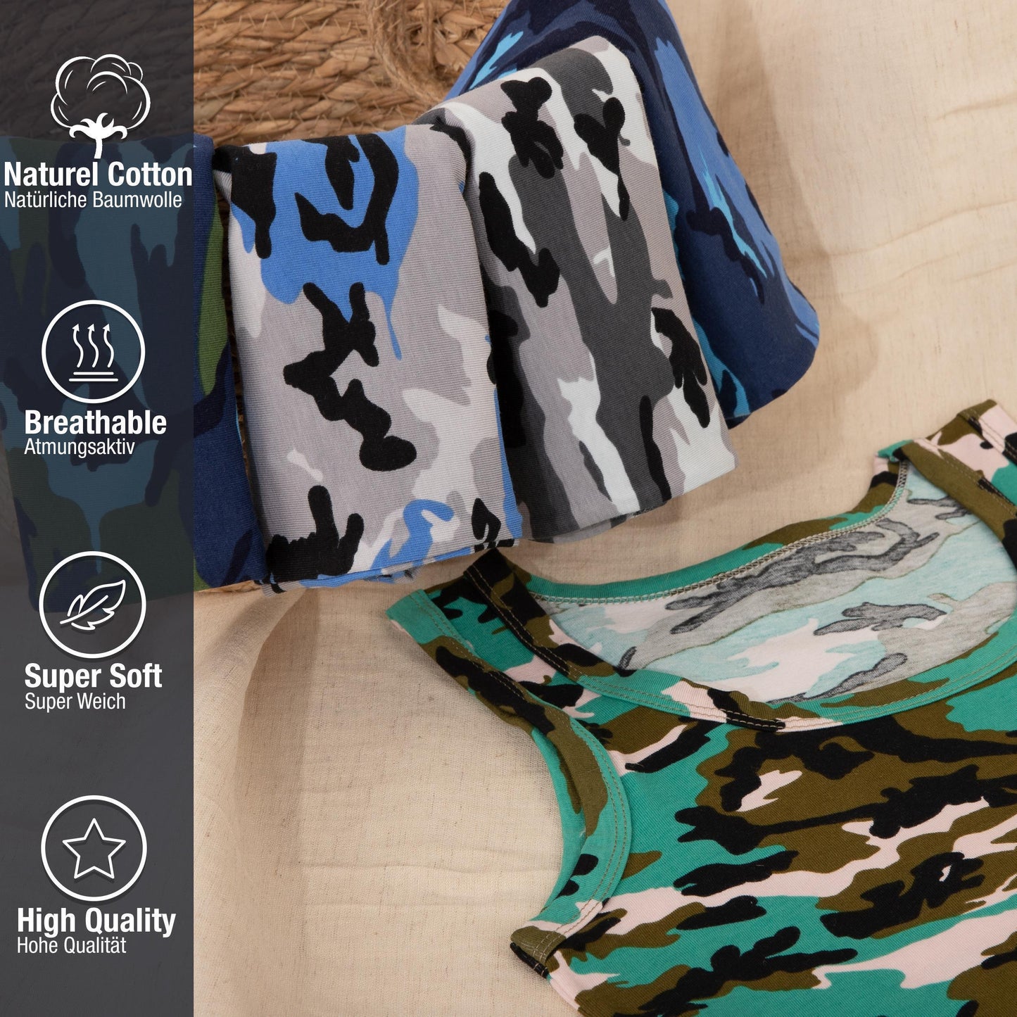 5er Set Jungen Unterhemden - Camouflage - Bunt
