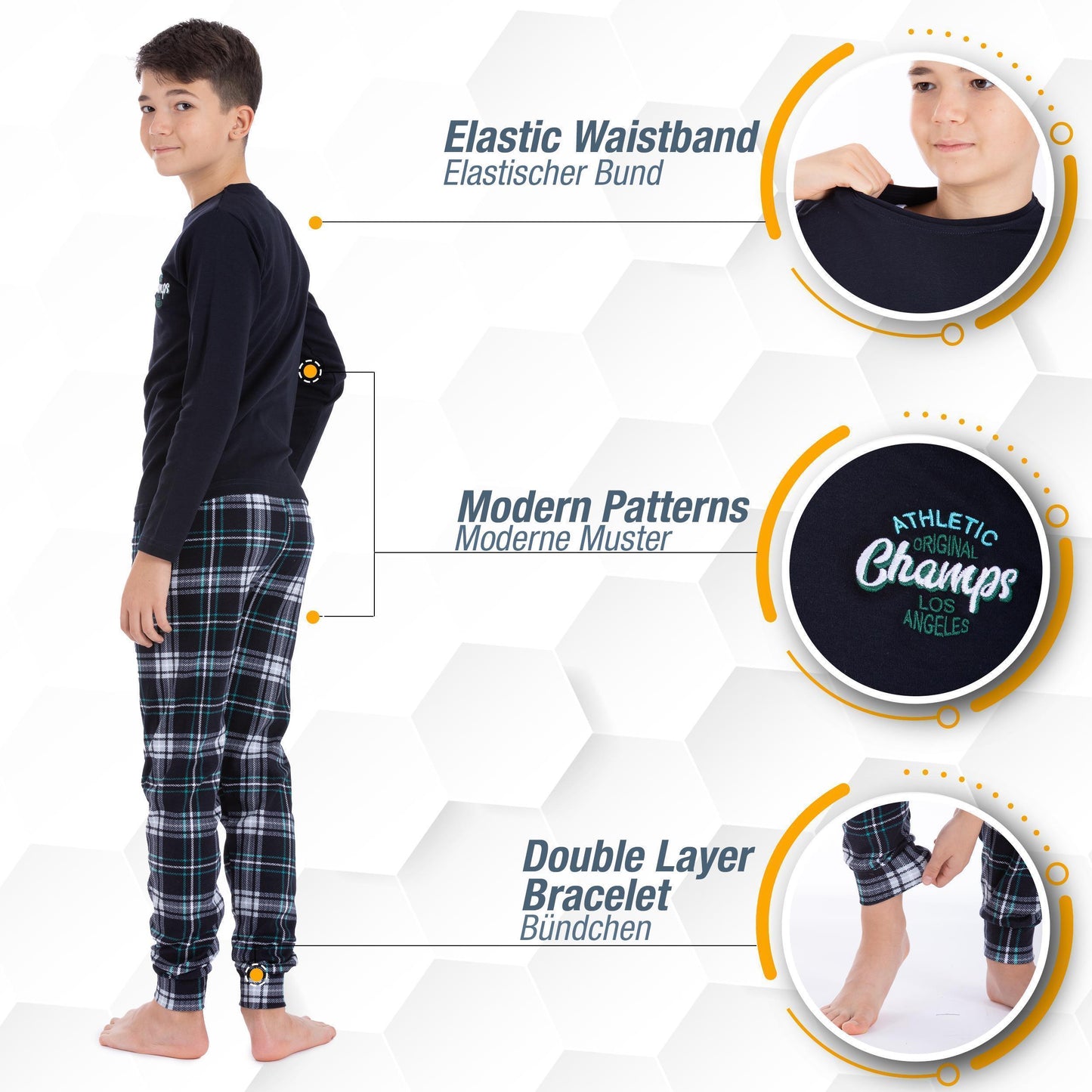 Jungen Schlafanzug Hausanzug langarm 100% Baumwolle Interlock kariert