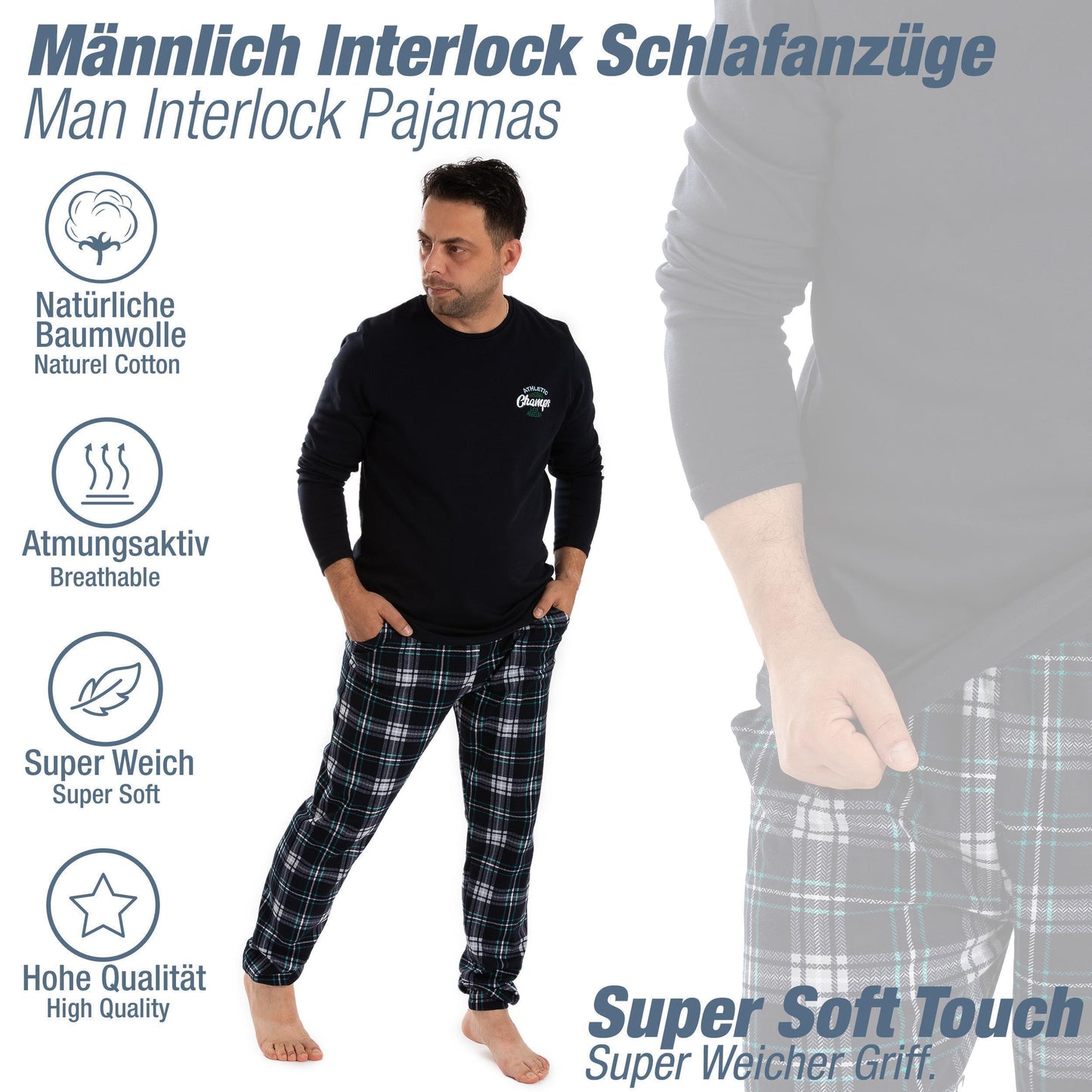 Schlafanzug langarm - Interlock Kariert - Dunkelblau