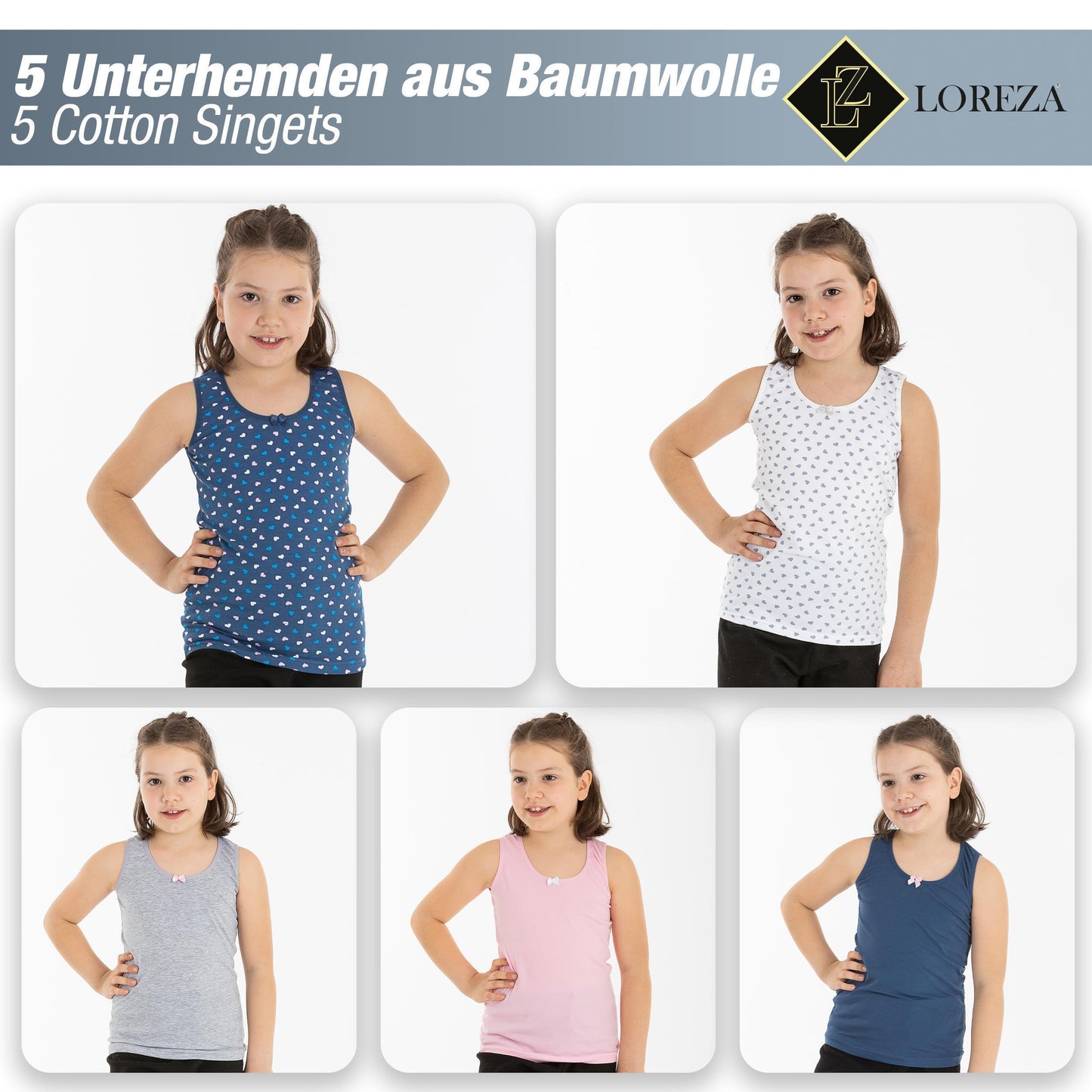 5er Set Mädchen Unterhemden - Herz - Bunt