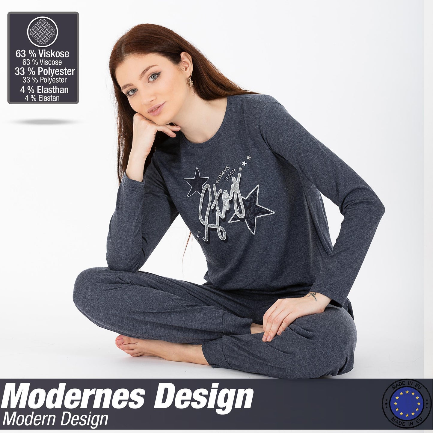 Schlafanzug Pyjama langarm- Stern - Grau
