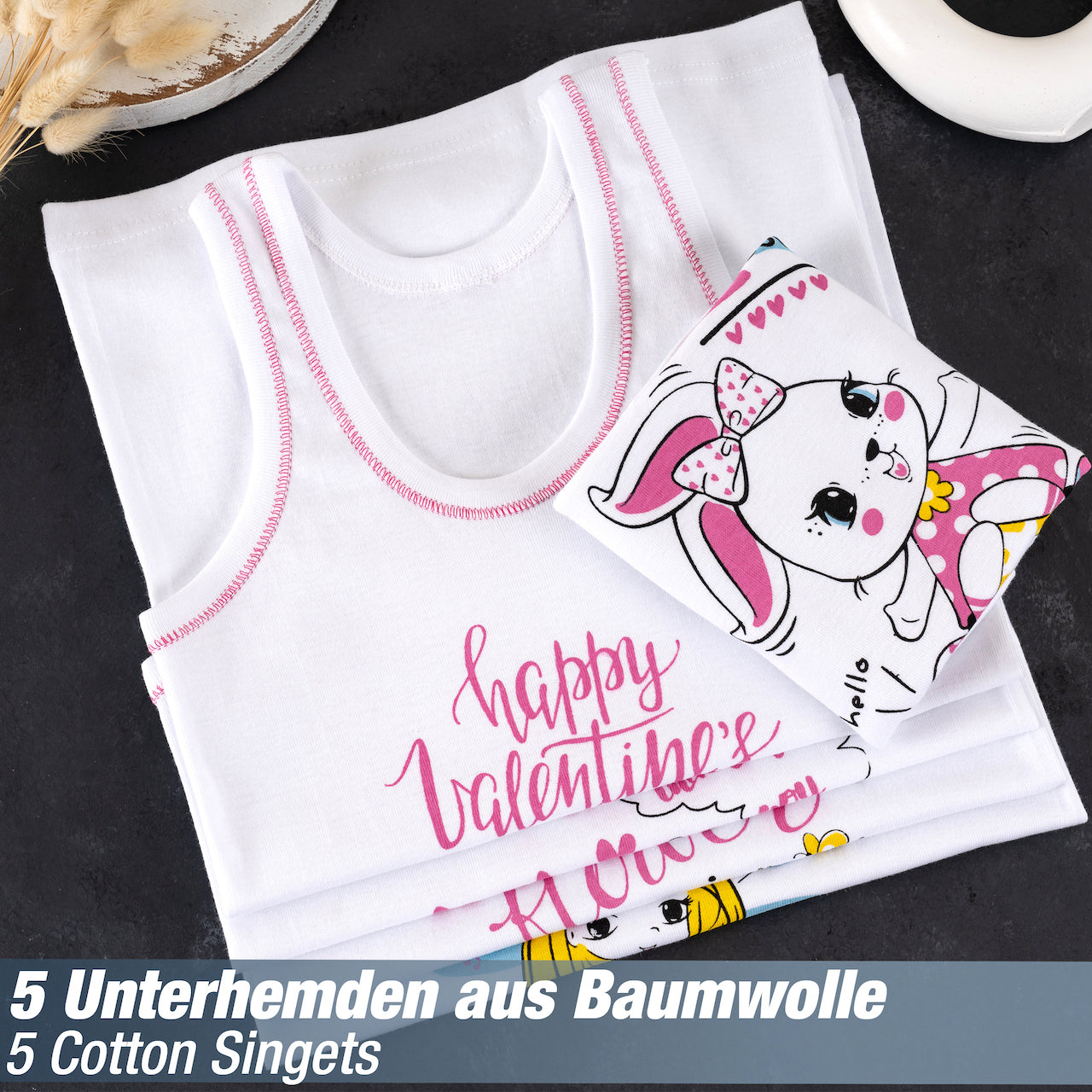 5 Mädchen Unterhemden gerippt Unterwäsche 100% Baumwolle