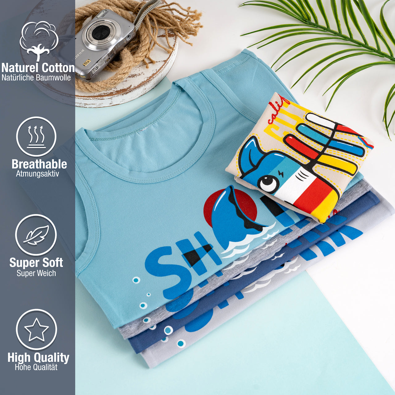 5er Set Jungen Unterhemden - Shark - Bunt