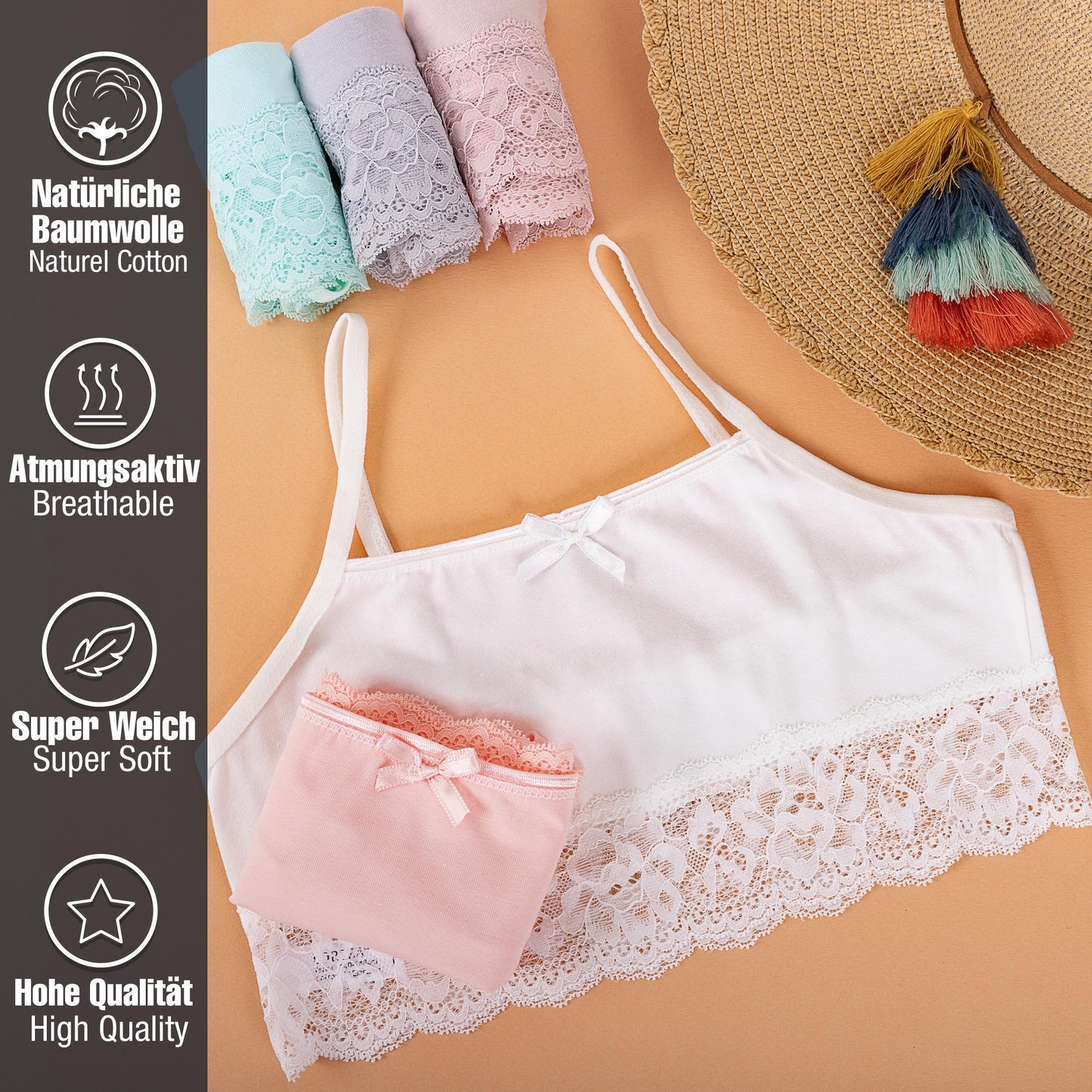 5er Set Mädchen Bustier BH - Spitze - Bunt