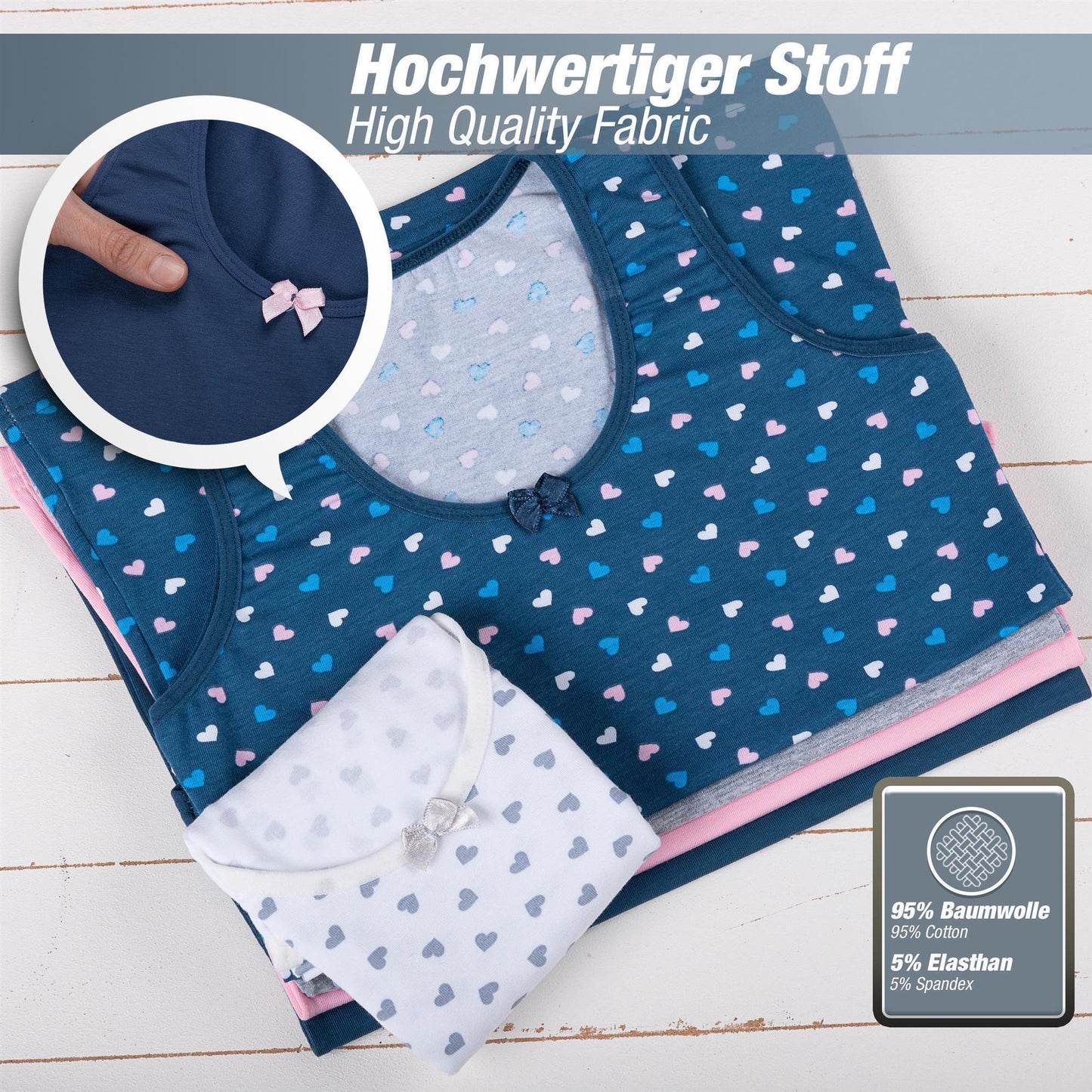 5er Set Mädchen Unterhemden - Herz - Bunt