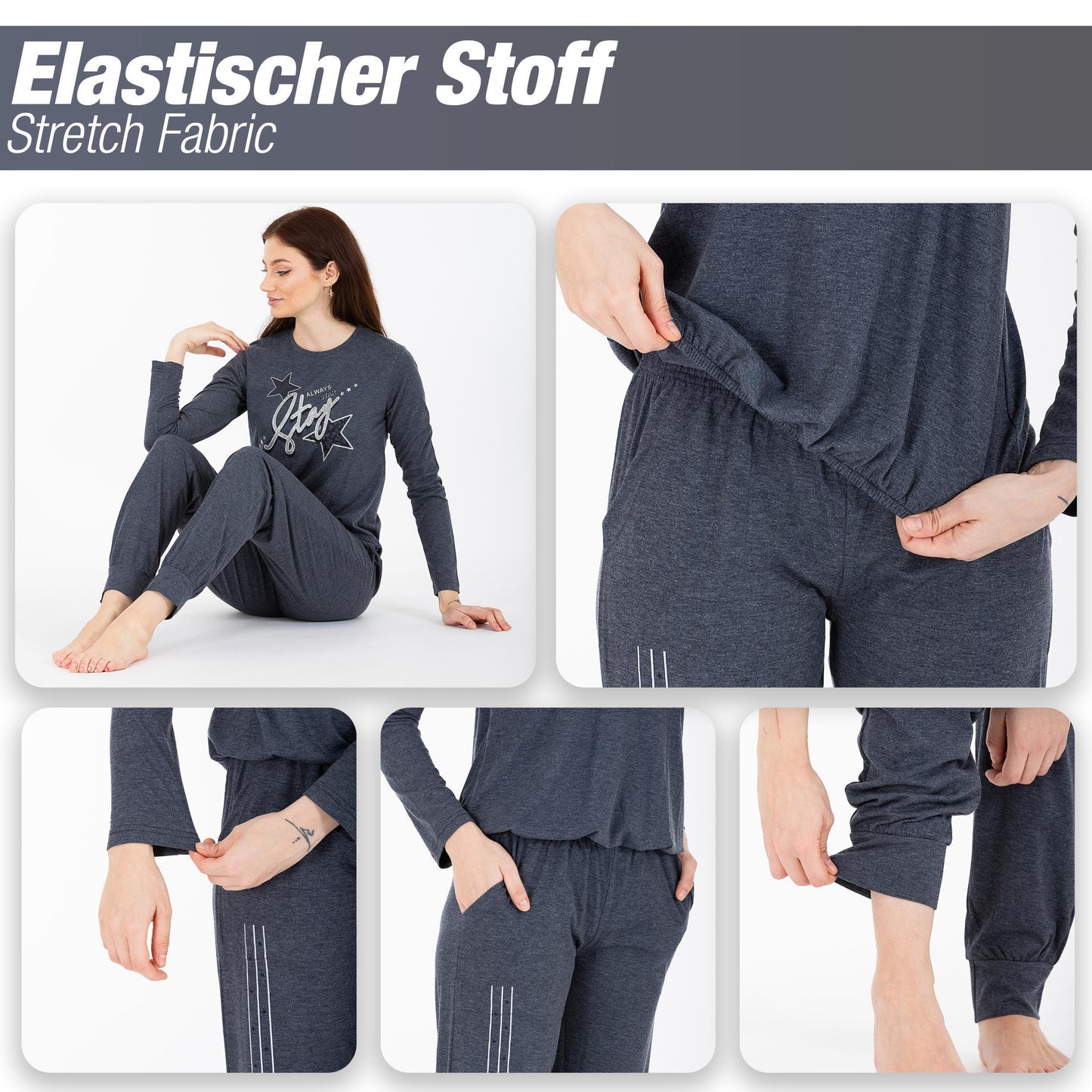 Schlafanzug Pyjama langarm- Stern - Grau