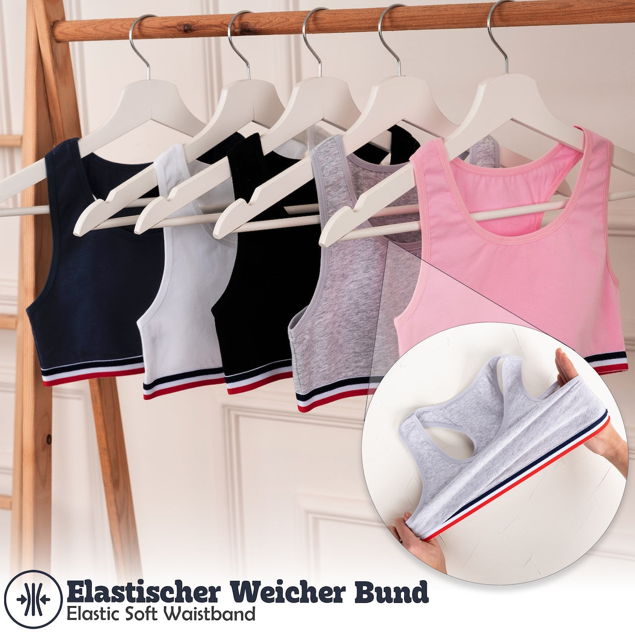 5er Set Mädchen Bustier X-Rücken - Streifen - Bunt