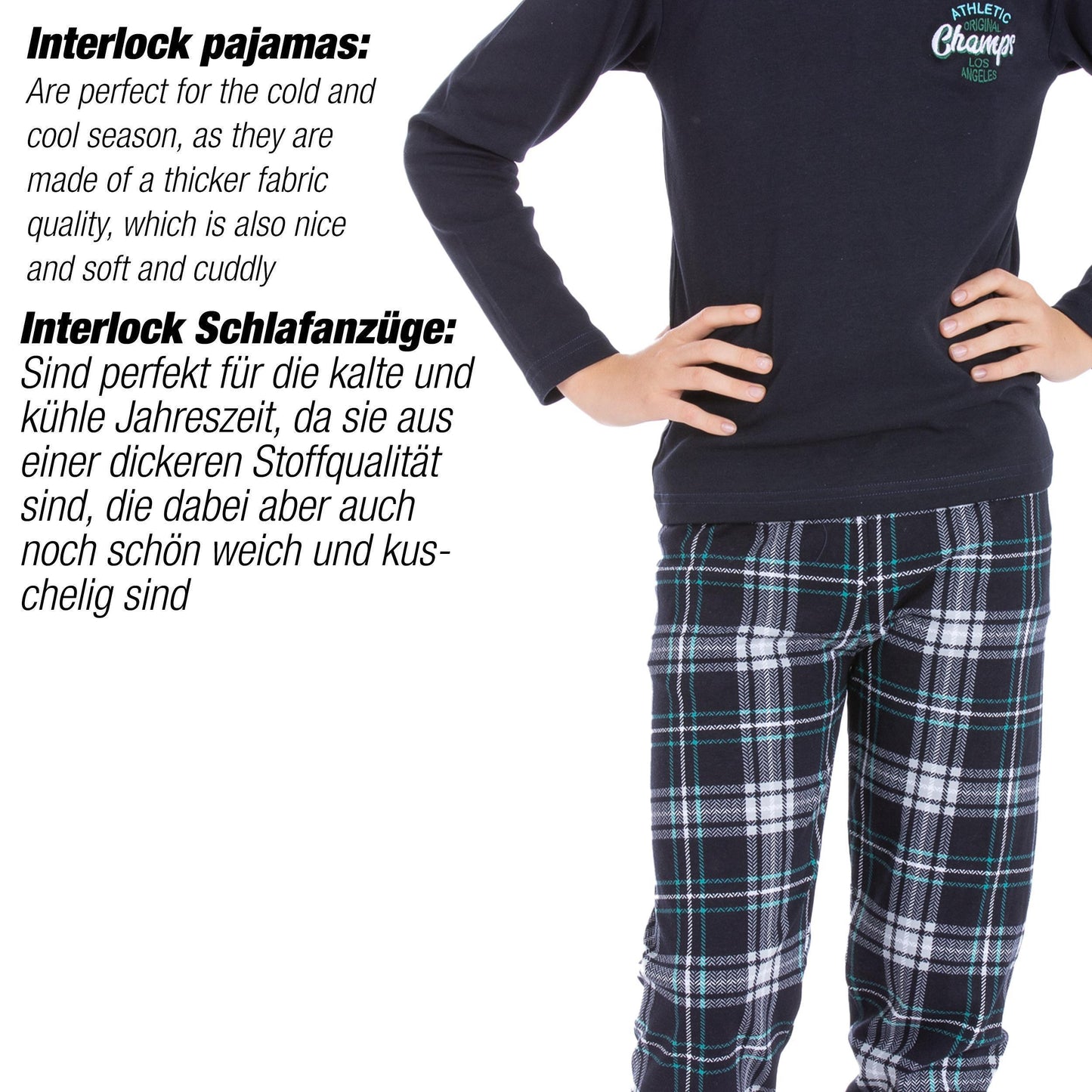Jungen Schlafanzug Hausanzug langarm 100% Baumwolle Interlock kariert