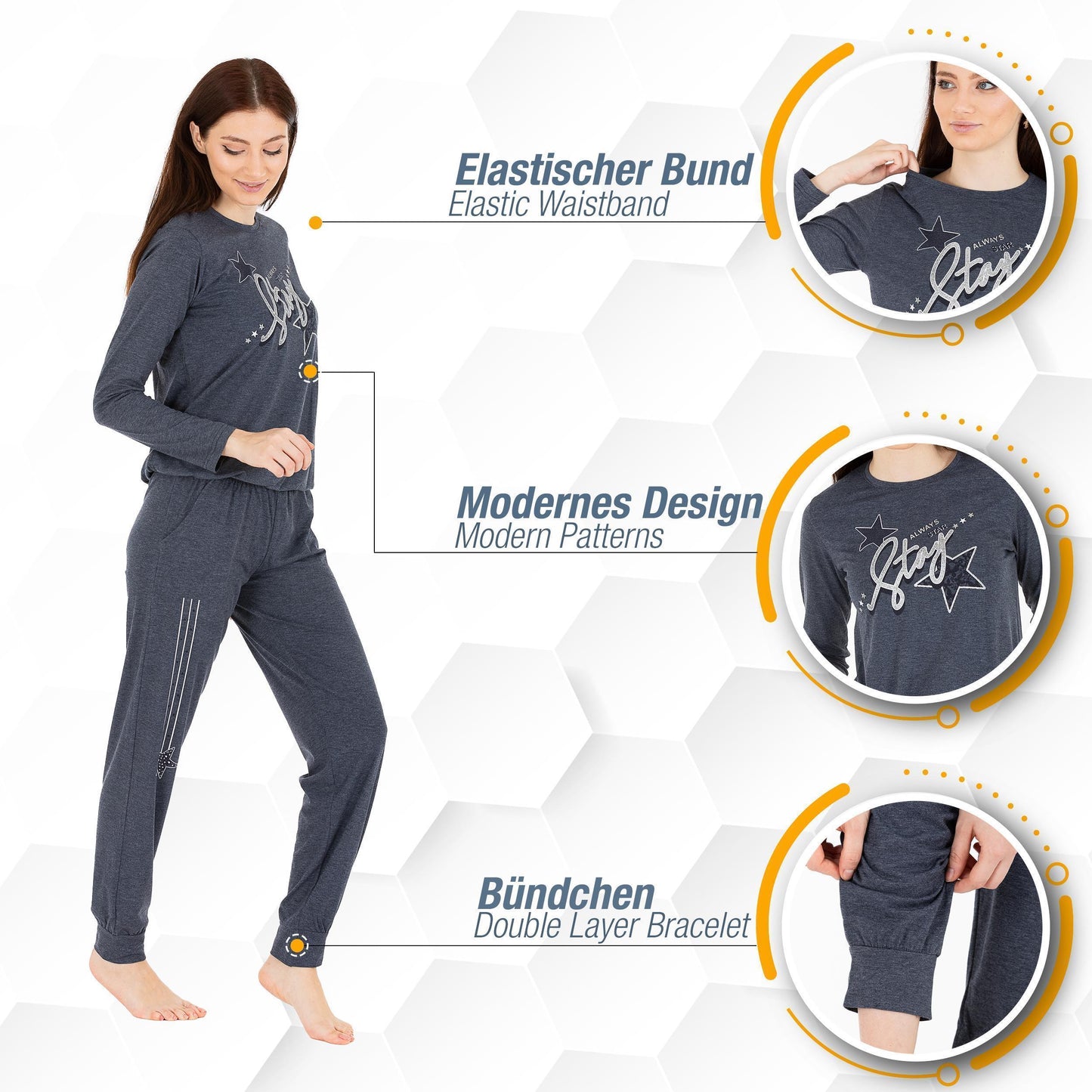 Schlafanzug Pyjama langarm- Stern - Grau