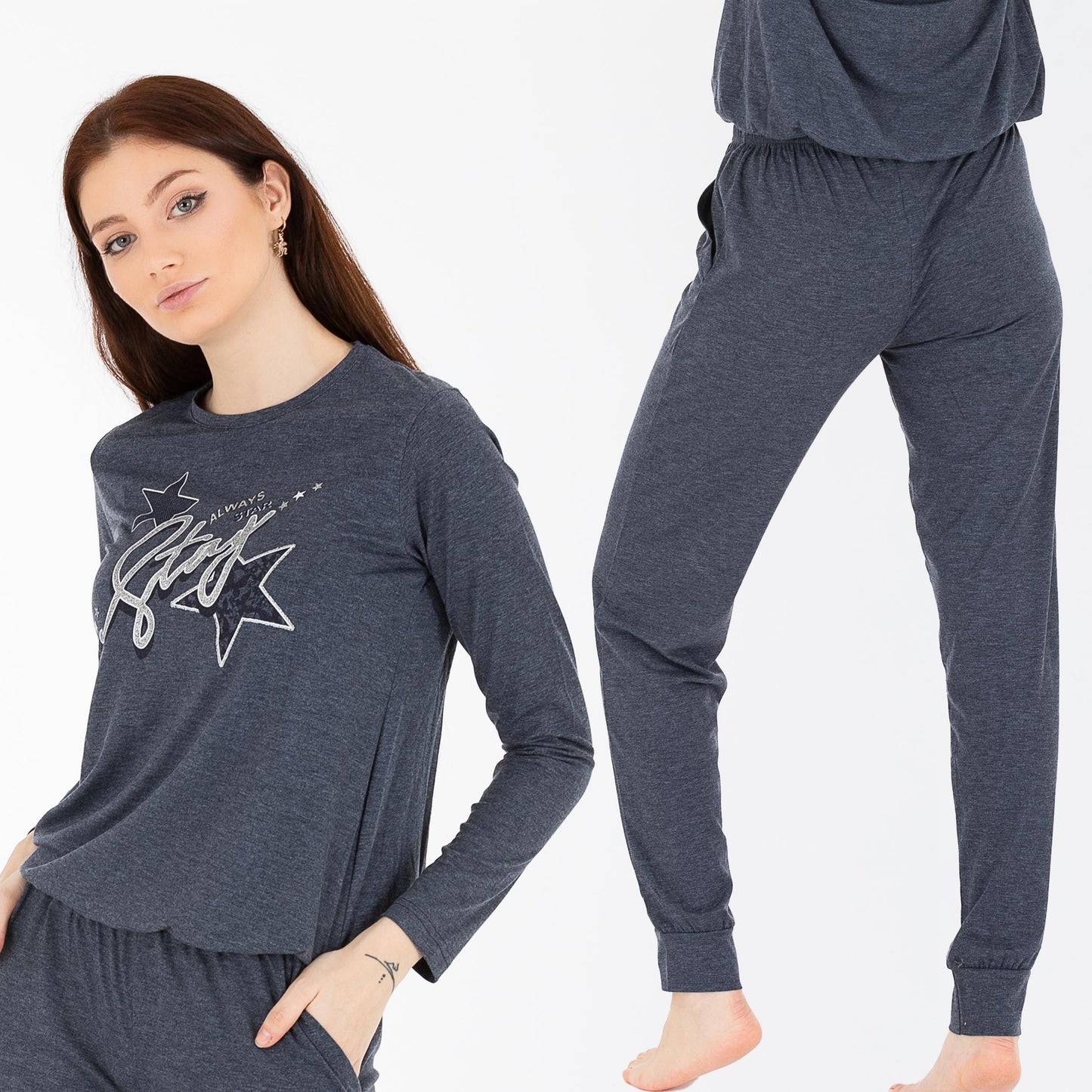 Schlafanzug Pyjama langarm- Stern - Grau