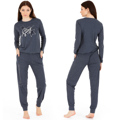 Schlafanzug Pyjama langarm- Stern - Grau