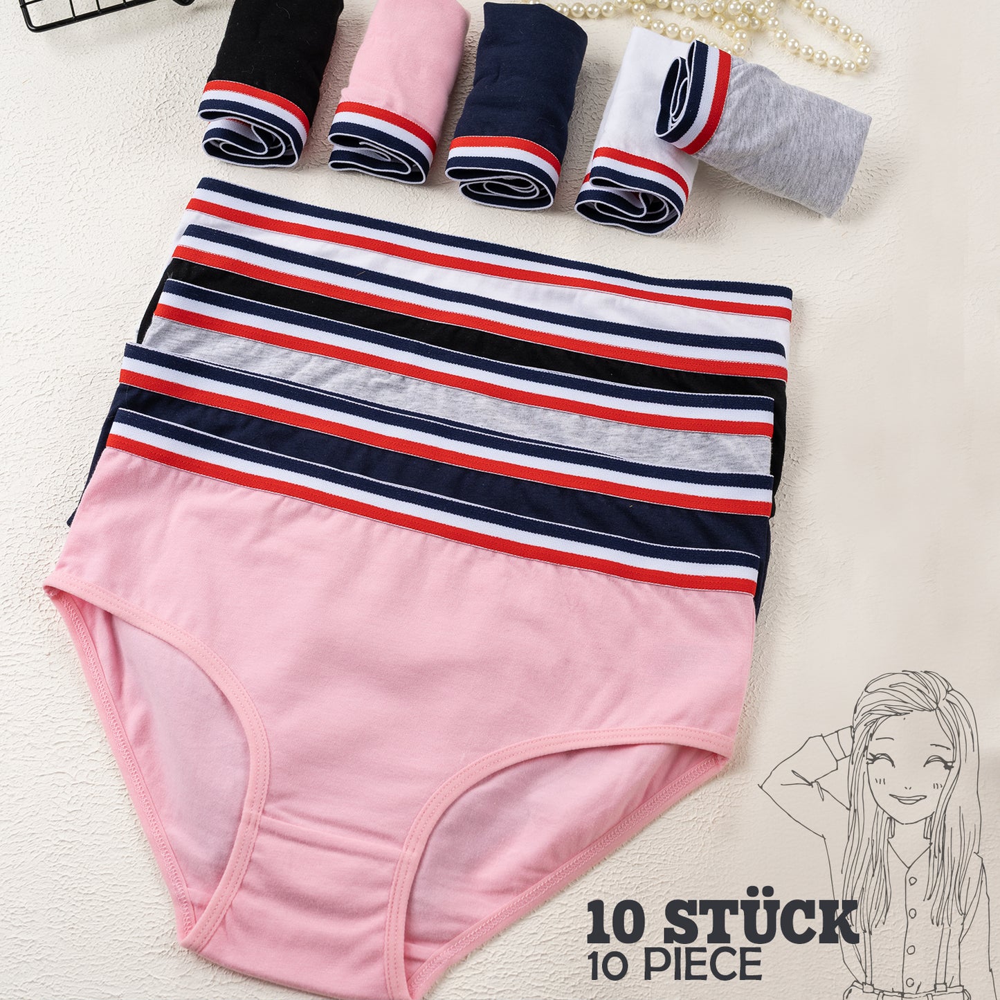 10er Set Mädchen Slips - Streifen - Bunt