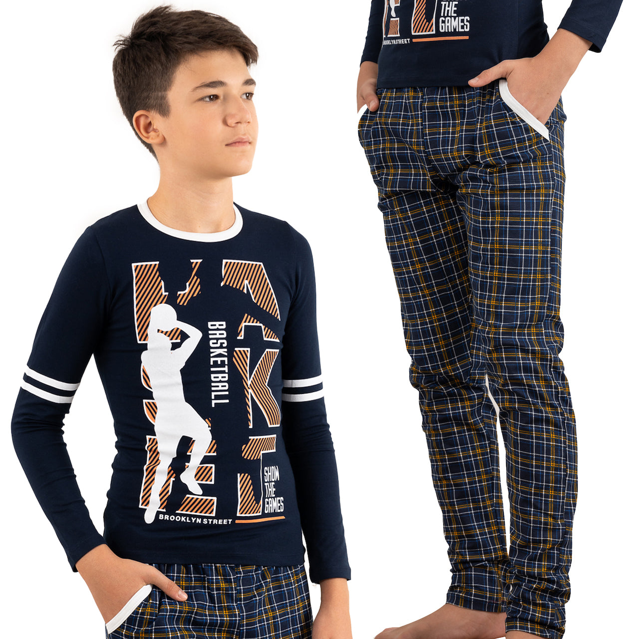 Jungen zweiteiliger Schlafanzug Langarm Baumwolle - Basketball