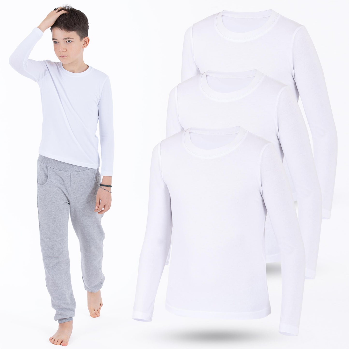 3er Pack Weiss Jungen Mädchen Langarmshirts Unterhemden Body Shirt