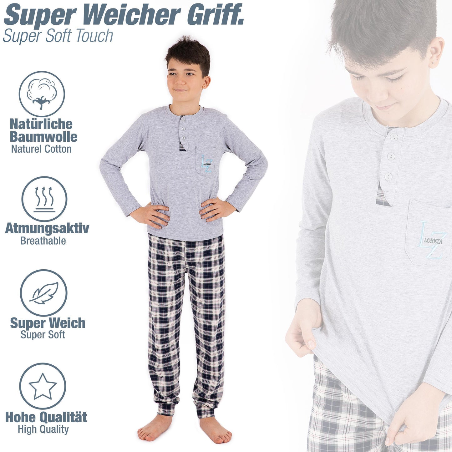Jungen zweiteiliger Schlafanzug Langarm aus Baumwolle kariert