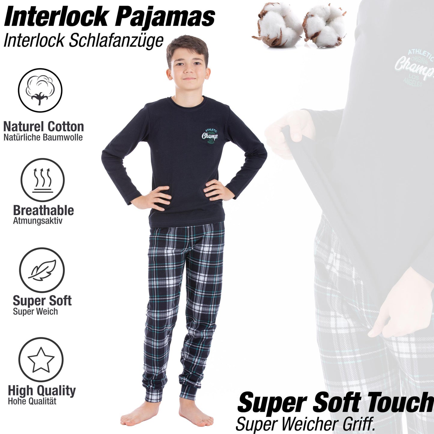 Jungen Schlafanzug Hausanzug langarm 100% Baumwolle Interlock kariert
