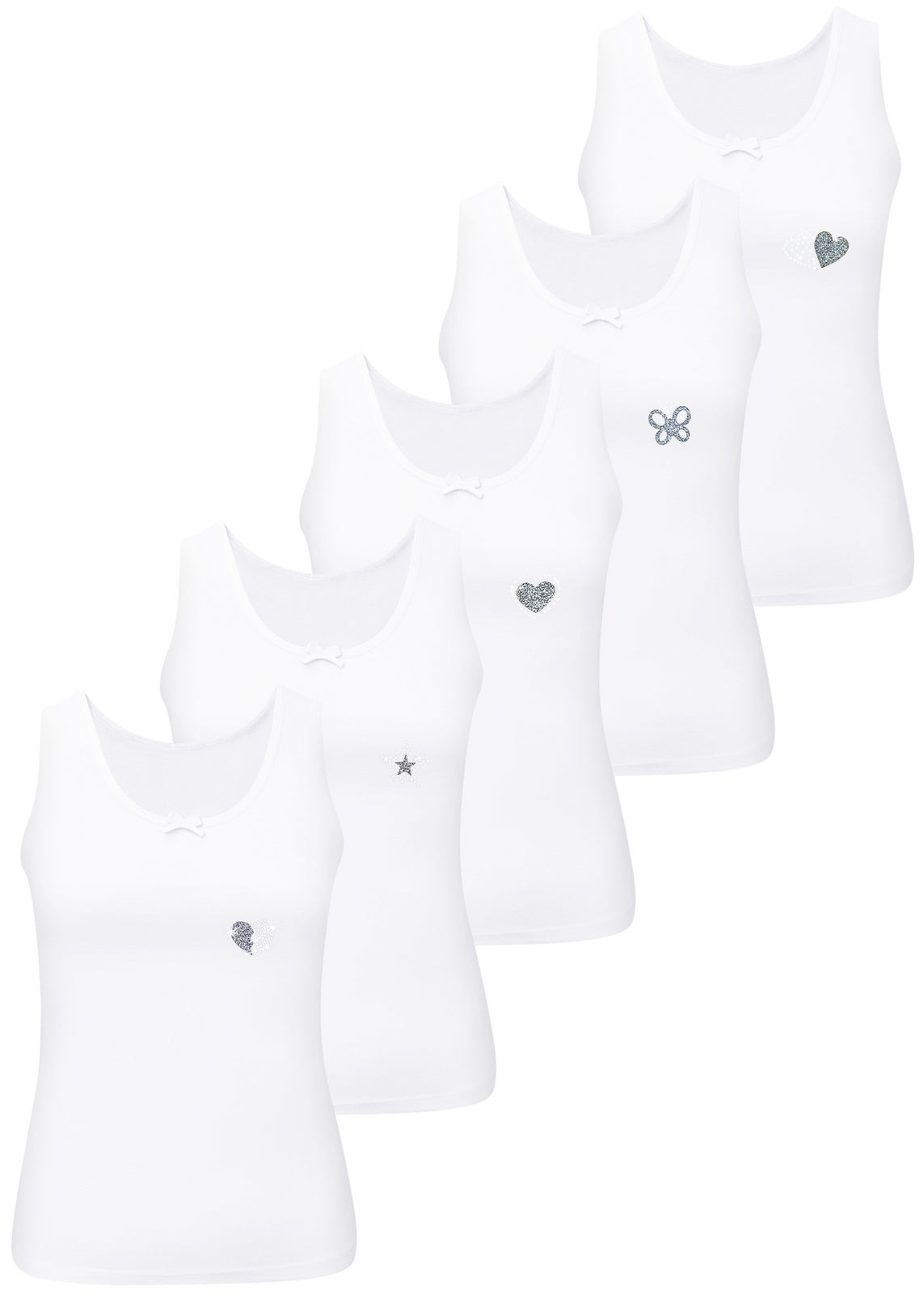 5 Mädchen Weiss Unterhemden Baumwolle Strass